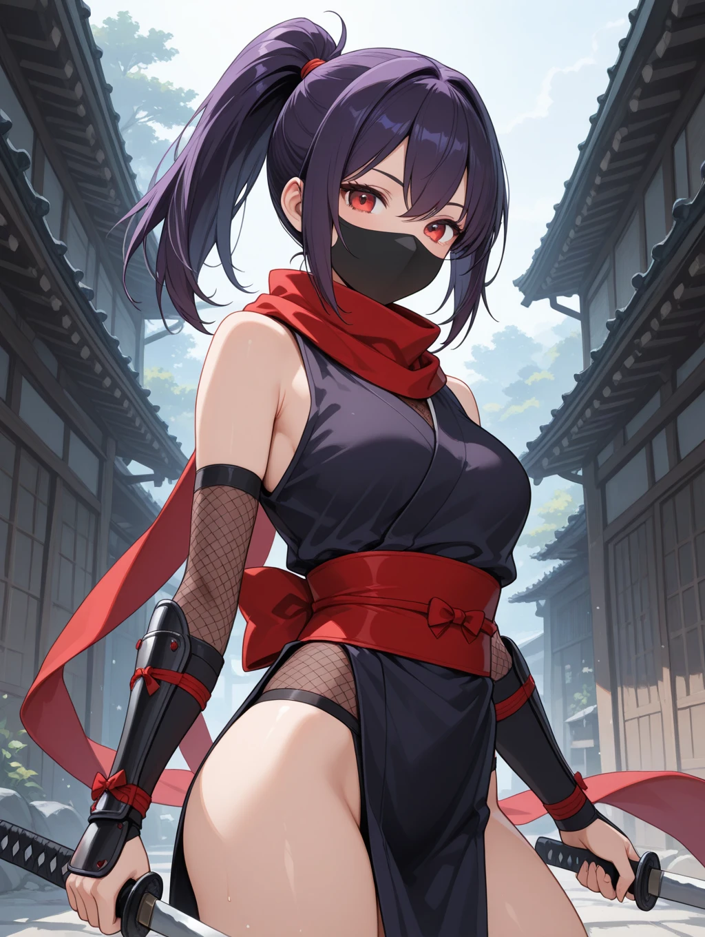 A female ninja was tied up，The mouth was sealed with cloth，The outline of the mouth can be seen，Cannot see nose and mouth,Hands and feet are tied together，helpless eye，HD