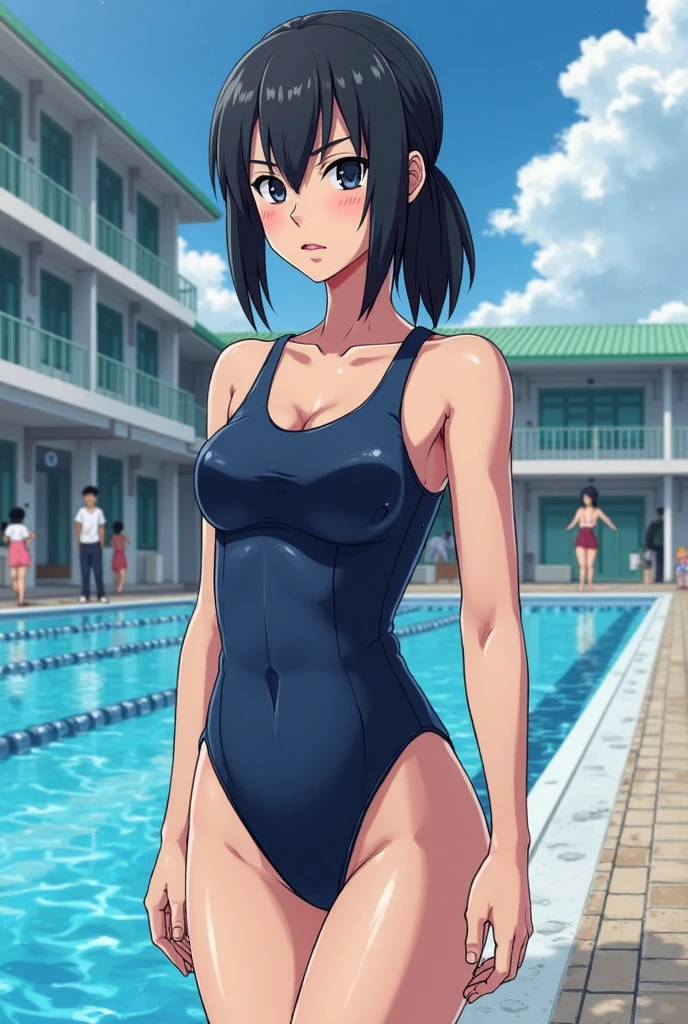 (Best Quality, 8K, High Resolution, Masterpiece: 1.2), High Definition, Anime Art Style, Anime Color, Solo, Girl, highleg swimsuit, pool, Large Medium Tits, Solo, Stylish Pose, Stylish Angle, Viewing Cowboy shot in the center of the image,