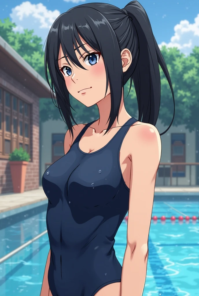 masterpiece, best quality, 1girl, solo, <lora:nozomi_kaminashi_omni_v1:0.9>nozomi kaminashi, looking at viewer, light smile, antenna hair, long hair, low ponytail, blue one-piece swimsuit, left armband, pool, sunlight, from front, <lora:more_details:0.3>