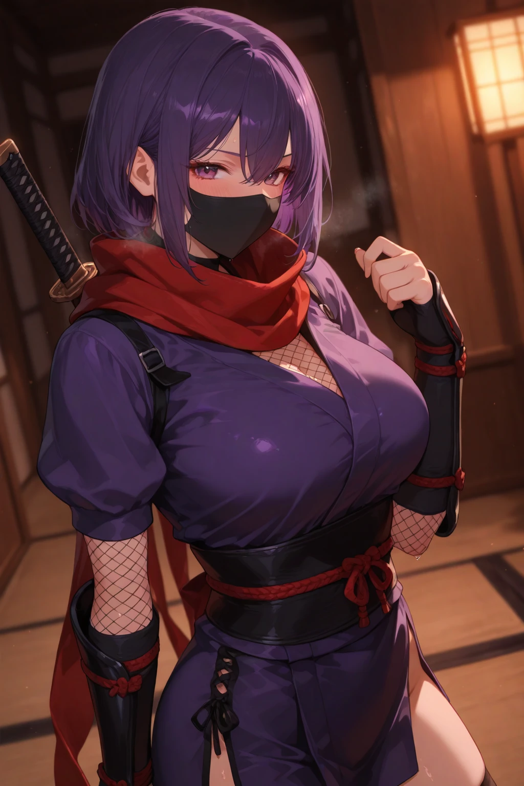 Create an imposing woman with a voluptuous and muscular body, exuding both raw strength and combative grace. She should have long, vibrant pink hair cascading in wild waves, enhancing her fierce and untamed look. Her attire should be dark, similar to Sukuna's, tightly fitting her powerful physique. The clothing should have detailed contours and forms reminiscent of Baiken's armor, blending tradition with menace.

Her skin should be marked with tattoos and cursed marks, symbolizing deep and terrifying power, reflecting her mastery over dark arts. Her face should be partially covered by a mask similar to Sukuna's, giving her an aura of mystery and danger. She has four eyes, with one covered by an eyepatch, suggesting a battle-hardened experience and a past that has forged her into an unstoppable queen.

In one of her four hands, she should hold a katana, ready to unleash her fury. The overall appearance should be fearsome, presenting her as the queen of curses, a figure who knows no rival. The drawing should closely resemble the art style of Jujutsu Kaisen, with sharp, detailed lines and a dark, ominous atmosphere. High resolution with detailed textures and vibrant colors.