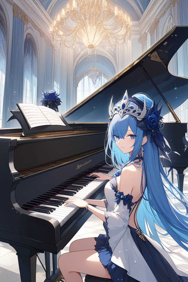 1 girl, (solo), headback, from side, side view,piano, (music score, playing piano:1.2), sitting, chair, (entranced:1.3),see-through halter dress, transparent dress, high res,armlet, necklace, bracelet, jewelry, laurel wreath,1girl, (young), pretty face, shiny skin, shiny hair, floating hair, slim, thin, nsfw, (masterpiece), best quality, extremely detailed, ultra-detailed, highly detailed background, official art, extremely detailed CG unity 8k wallpaper, perfect lighting, vivid color, best illumination,concert, stage, light rays, light beams, light sparkles, growth particles, (god rays:1.2), (floating papper:1.3),