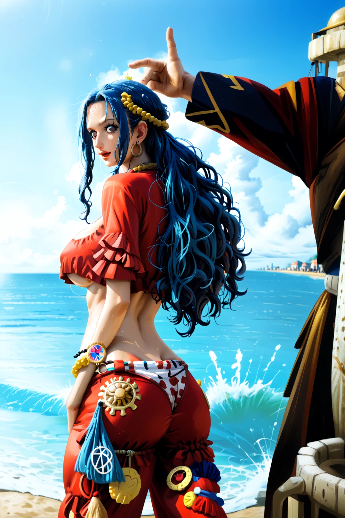 a 17-year-old girl, good person, olive skin, long very curly brown with blue highlighted hair, hair extremely curly, purple eyes, ocean power, water manipulation, kind, pirate clothes, fully dressed, completely dressed, shirt on, no muscles, pretty, holding pistol, on pirate ship, crew around her