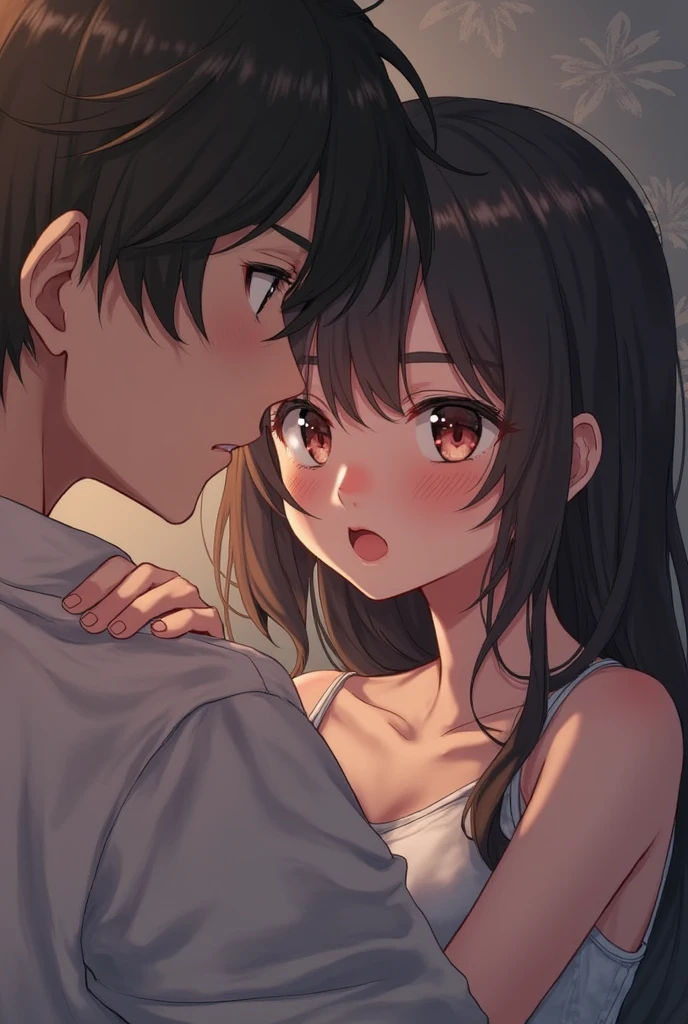 A crying young lady with long black hair、20age、clear、White luxurious lace long slip、In underwear、A middle-aged man forcefully hugs and kisses her、Private room、Shyness、resistance、fear