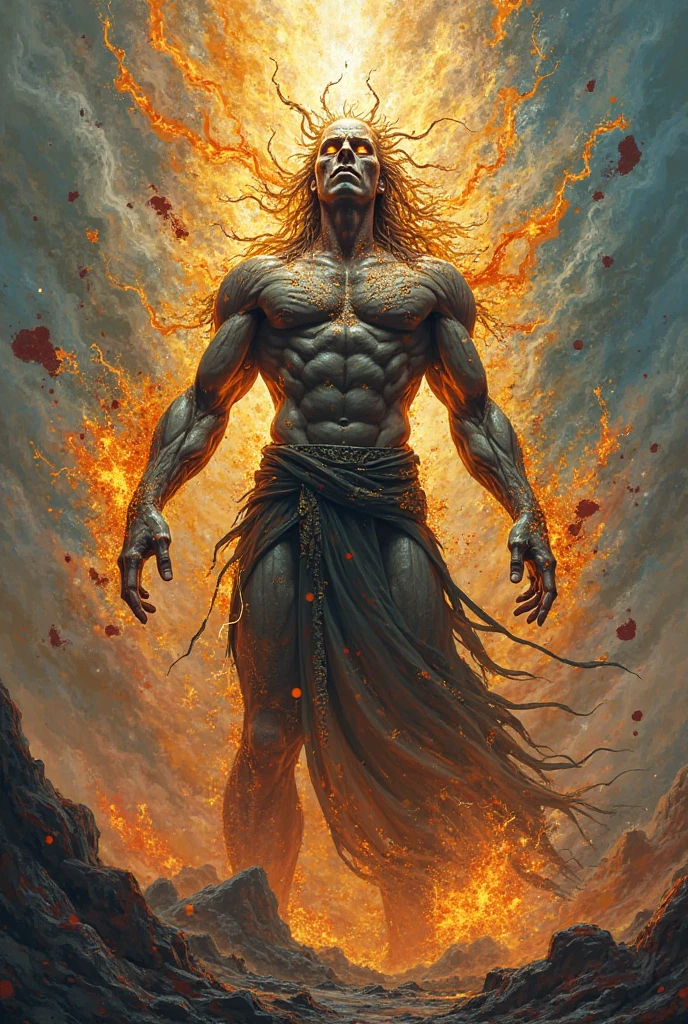 Generate a digital sculpture with the elegance and proportions characteristic of Greek art, portraying a hero idealized features like a sculpture flowing drapery, strong physique god holding fire looking passionate crown on head relaxed arabic pants skin like onyx black and white picture except for fire --auto --s2