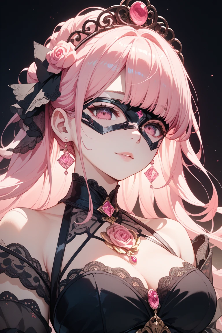 Cool women、sexy、Center of chest、Rize from Chainsaw Man、beauty、Yandere、、Face close-up、Chest tattoo、Red lace、necklace、(look up)、(Pink Hair)、(Angle from the buttocks).(alone)、(black lace mask).