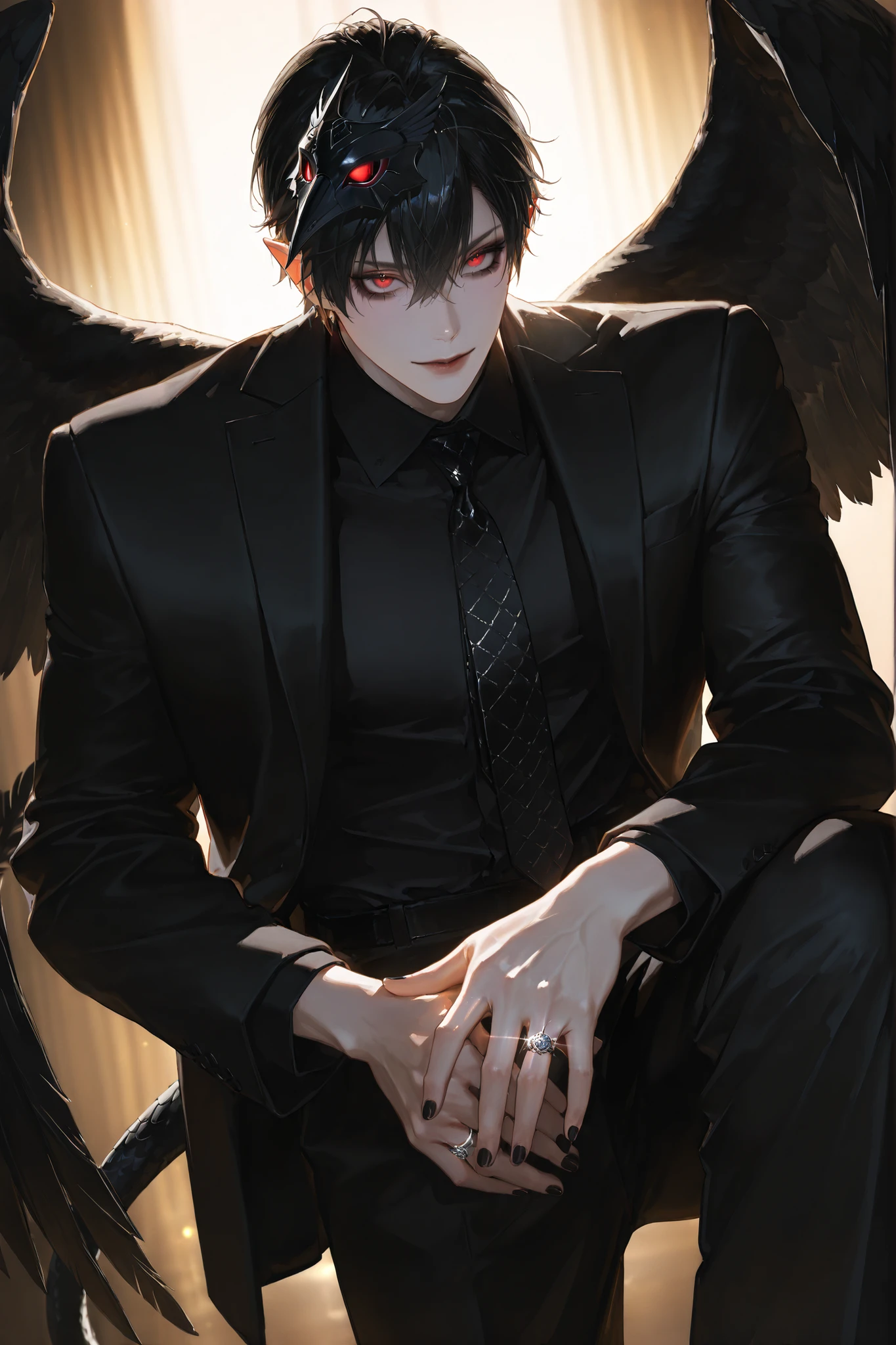 (boy character/MIDDLE AGE MAN/male bodybuilding) The crow beastman (MALE CHARACTER WITH MALE BODY TYPE). The tall mighty man broad-shouldered with masculine features. He has white skin. He has dark makeup on his face in the form of a stripe in the eye area.  He has short slicken back jet-black hair,his shortcut hair was combed back. Eerily red eyes. pointed ears with black feathers.  He has black crow wings and a black raven tail. He has black nails with one silver wedding ring on his arm. He is dressed in male three-piece black suit: jacket , vaist, black shirt, and men's tie decorated obsidian black crow feathers. He wears a carnival black raven half mask on his face. He has a stern expression full of hatred. On the background: Ball hall in art Deco style, Masquerade ball.