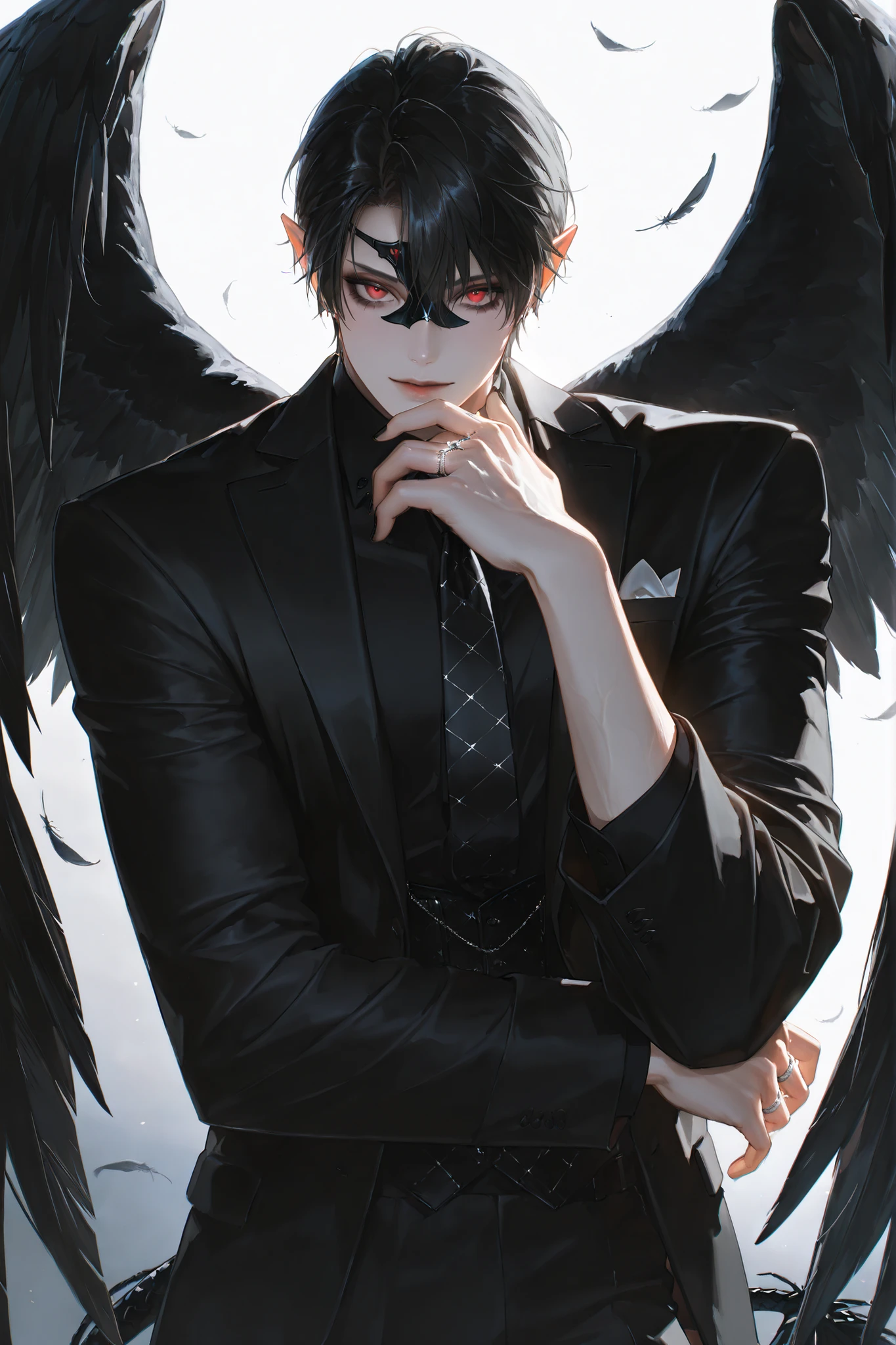 (boy character/MIDDLE AGE MAN/male bodybuilding) The crow beastman (MALE CHARACTER WITH MALE BODY TYPE). The tall mighty man broad-shouldered with masculine features. He has white skin. He has dark makeup on his face in the form of a stripe in the eye area.  He has short slicken back jet-black hair,his shortcut hair was combed back. Eerily red eyes. pointed ears with black feathers.  He has black crow wings and a black raven tail. He has black nails with one silver wedding ring on his arm. He is dressed in male three-piece black suit: jacket , vaist, black shirt, and men's tie decorated obsidian black crow feathers. He wears a carnival black raven half mask on his face. He has a stern expression full of hatred. On the background: Ball hall in art Deco style, Masquerade ball.