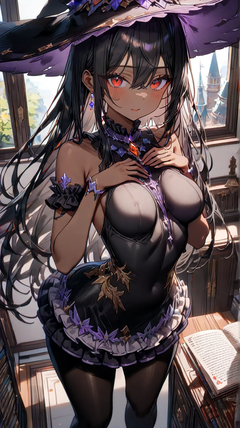 (masterpiece, reflections, atmospheric lighting, dynamic lighting), best quality, 1girl, perfect figure, perfect face, black hair, long luscious black hair, semi-curly hair, delicate hair, glowing eyes, delicate fingers, delicate legs, shy, embarrassed, blushing, lewd, sexy, purple dangling earrings, pitch black dress, wedding dress, lace dress, lingerie dress, strapless dress, slit leg dress, lewd dress