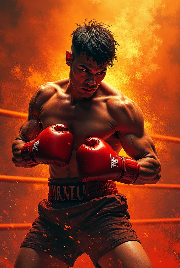 (best quality,height:1.2),realistic,Masterpiece:1.2,Portrait,colorful,studio lighting,spark,Muay Thai fighter,character design,Muay Thai fighterผู้กล้าหาญ, Thai boxer, muscular body,intense stare,Focused expression,short hair,Red and white gi,,Hot aura,Action pose,Fire Fist,Heat and energy,Radiation power,fighting posture,bright colors,Energy Blast,Highly detailed lighting effects,Street fight scene,Reliable definition of muscle,Smoke and sparks,Eye-catching elements,Pay attention to facial features.