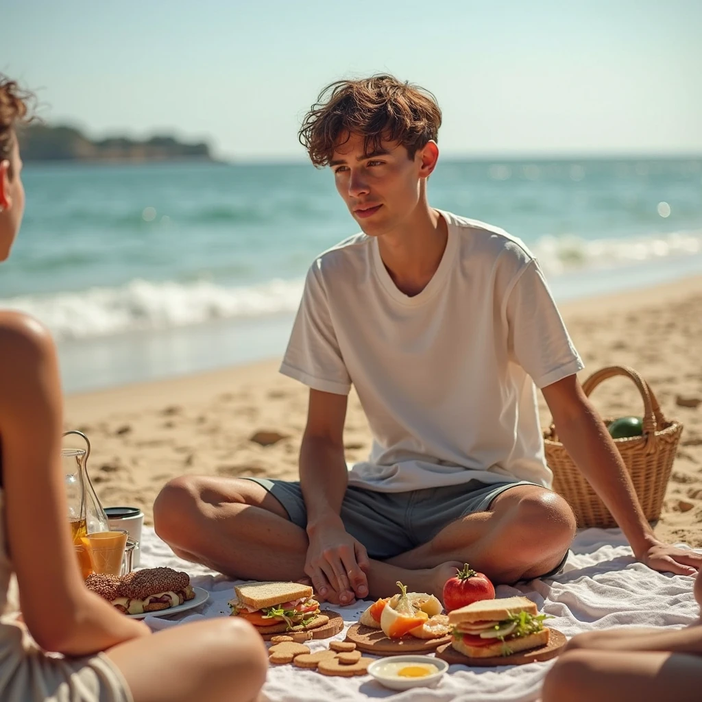 16 year old teenage boy eating a sandwich on the beach, Badehose , Italiener, thin , Bauchmuskeln