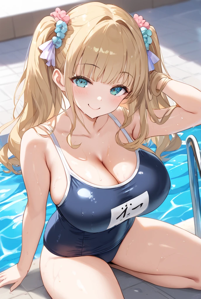 Cute Girl with a big breast, wearing a tight bikini, at backyard with pool, squishing her breast, closeup angle, facing to camera,