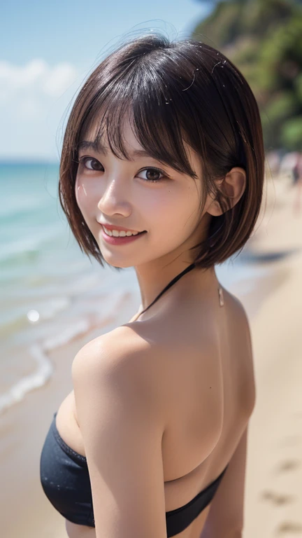 (((A loose, fluffy hairstyle with shoulder-length brown mini bob)))、(((Hawaiian beach background)))、(((Posing like a model at a hair salon)))、(((Wearing a white micro bikini)))、Close-up of face、Half Japanese, half Korean、18 year old girl、Standing Alone、Looking forward、Light eye makeup、Brown Hair Color、Flat and 、Hair blowing in the wind、Actress Quality、Glossy, ultra-realistic face、Smiling face、Watery eyes、Gazing Up、Subtle lighting effects、 Ultra-Realistic Capture、Very detailed、High resolution 16K close up of human skin。Skin texture must be natural、The details must be such that pores can be clearly seen、The skin is healthy、Uniform tone、Use natural light and colors、High quality images taken by a model agency&#39;s exclusive photographer、smile、(((SIGMA 300 mm F/2.8,1/1000 sec shutter,ISO 400)))
