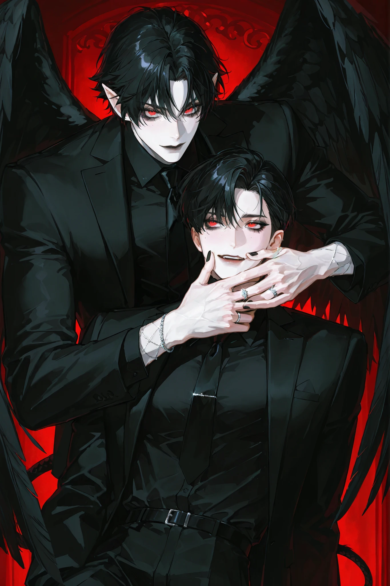 (boy character/MIDDLE AGE MAN/male bodybuilding) The crow beastman (MALE CHARACTER WITH MALE BODY TYPE). The tall mighty man broad-shouldered with masculine features. He has white skin. He has dark makeup on his face in the form of a stripe in the eye area.  He has short slicken back jet-black hair,his shortcut hair was combed back. Eerily red eyes. pointed ears with black feathers.  He has black crow wings and a black raven tail. He has black nails with one silver wedding ring on his arm. He is dressed in male three-piece black suit: jacket , vaist, black shirt, and men's tie decorated obsidian black crow feathers. He wears a carnival black raven half mask on his face. He has a stern expression full of hatred. On the background: Ball hall in art Deco style, Masquerade ball.