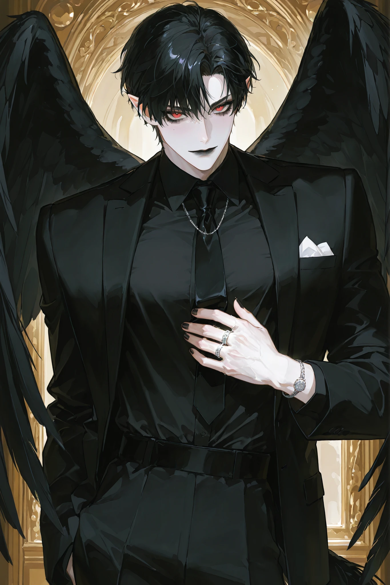 (boy character/MIDDLE AGE MAN/male bodybuilding) The crow beastman (MALE CHARACTER WITH MALE BODY TYPE). The tall mighty man broad-shouldered with masculine features. He has white skin. He has dark makeup on his face in the form of a stripe in the eye area.  He has short slicken back jet-black hair,his shortcut hair was combed back. Eerily red eyes. pointed ears with black feathers.  He has black crow wings and a black raven tail. He has black nails with one silver wedding ring on his arm. He is dressed in male three-piece black suit: jacket , vaist, black shirt, and men's tie decorated obsidian black crow feathers. He wears a carnival black raven half mask on his face. He has a stern expression full of hatred. On the background: Ball hall in art Deco style, Masquerade ball.