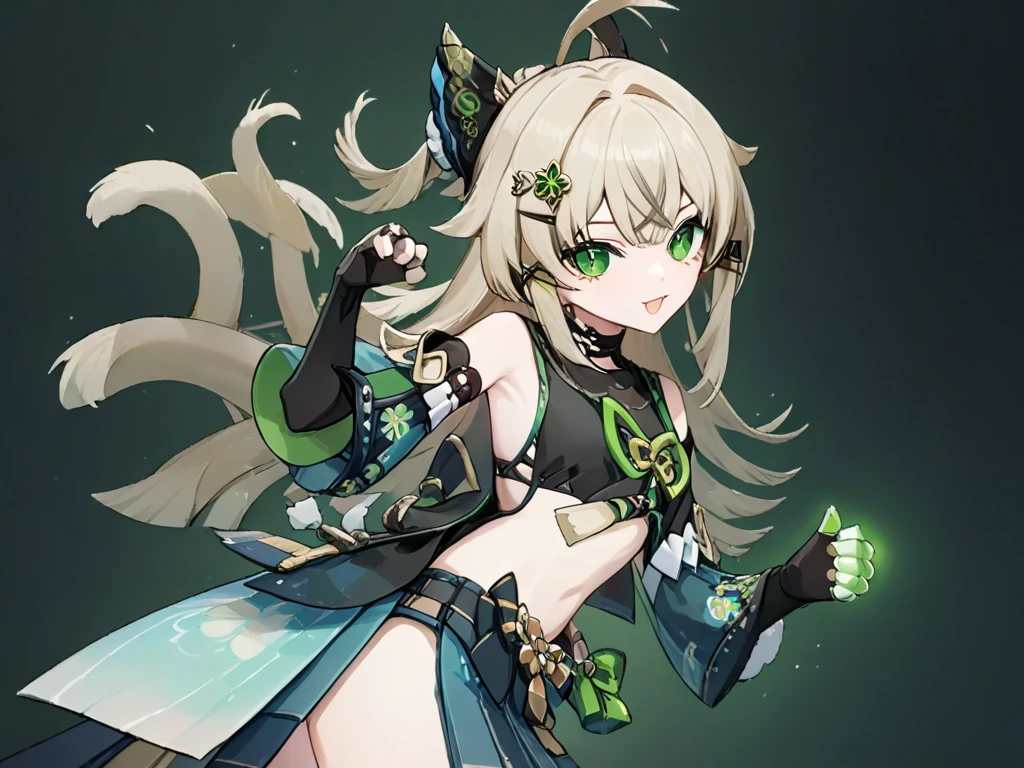 werewolf girl, ((fluffy skin)), paws on foots, fluffy fur on body, ((fangs)), ((claws)), tight slim crop top, cleavage, decolette, huge metal bracelets, huge metal collar, high over-the-knee boots, light green extremely_detailed_(lacy, fur, silk, satin)_(clothing, skirt), (light green clothing), detailed face, detailed beautiful shiny eyes, slit pupils, metallic reflections, futuristic city square, (tatooed, marked)_fit_muscular_body, (((1girl))), portrait, (full body), natural breasts, medium length hair, (masterpiece:1.4), (best quality:1.4), 1girl, photorealistic, ultra detailed, ((Real image)), ((realistic skin)), ((realistic face)),(illustration:1.05), (beautiful:1.05), (beautiful detailed eyes:1.05), (cinematic light:1.1), Full body, hair voluminous, perfect and well designed eyes, beautiful and delicate face, fair skin, real skin, (face detail), pores, super high resolution, 8k, parameters Best quality, masterpiece, super high resolution, (Realistic 2.0), More details, detailed skin, beautiful and aesthetic:1.2, fractal art:1.4, 16K, HDR, RTX, Ray Tracing, Radiosity, Anisotropic Filtering, Subsurface Scattering, light green neon, futuristic, vibrant colors, (((seductive laying)))