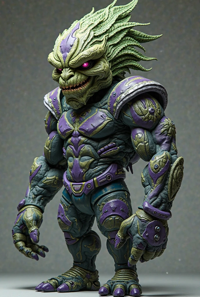 Create a purple and green superhero, high, muscular and scaly, that has hair with short tentacles, humanoid face