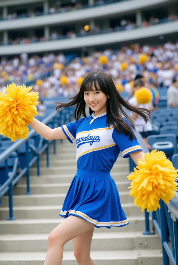 1 young girl,very cute and beautiful japanese teen actress,highly detailed beautiful face,
sleeveless orange cheerleader uniform,pom poms,looking at viewer,smile,
beautiful calf,stadium stands,real person,photorealistic