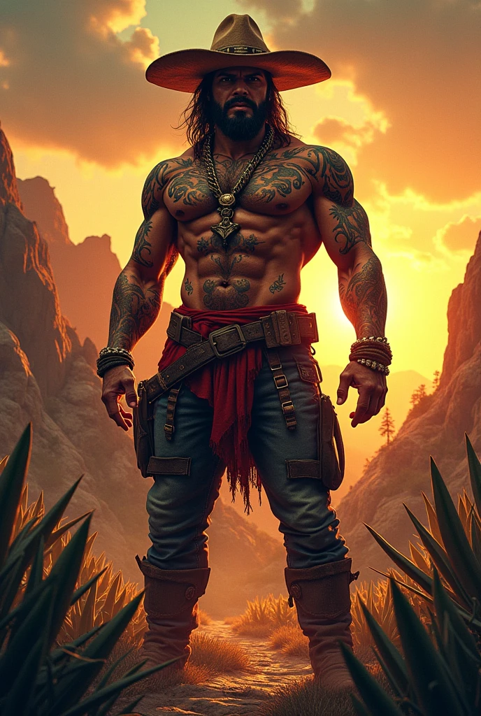Full body profile of a muscular, tattooed American Indian man, wearing black hood and cape, detailed owl mask, attractive face, no beard, shirtless and wearing loincloth, loose black pants, high black boots and bracelets on both wrists. He is in a fighting stance, standing in the Arizona desert. Frazetta Art style .