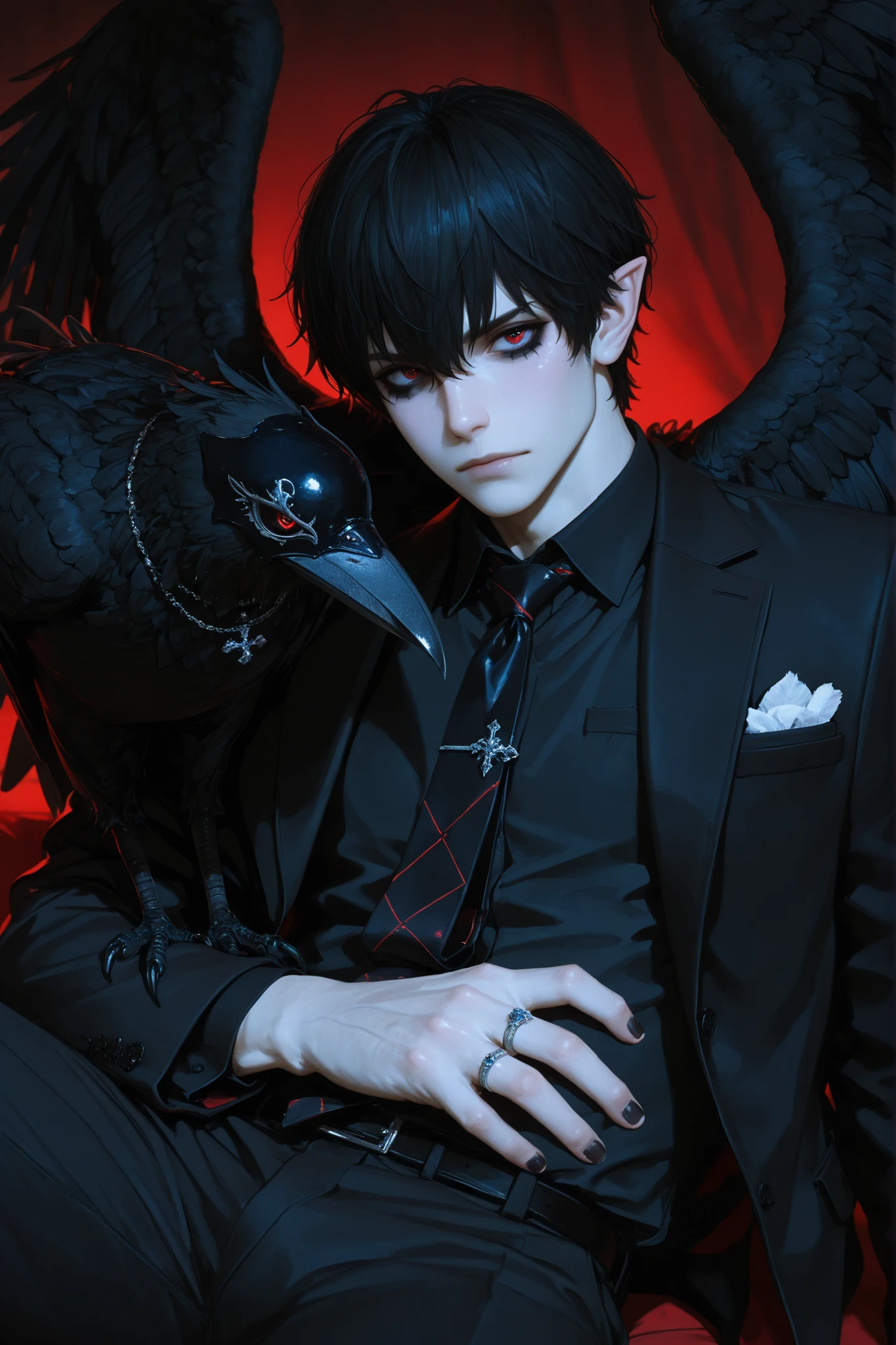 (boy character/MIDDLE AGE MAN/male bodybuilding) The crow beastman (MALE CHARACTER WITH MALE BODY TYPE). The tall mighty man broad-shouldered with masculine features. He has white skin. He has dark makeup on his face in the form of a stripe in the eye area.  He has short slicken back jet-black hair,his shortcut hair was combed back. Eerily red eyes. pointed ears with black feathers.  He has black crow wings and a black raven tail. He has black nails with one silver wedding ring on his arm. He is dressed in male three-piece black suit: jacket , vaist, black shirt, and men's tie decorated obsidian black crow feathers. He wears a carnival black raven half mask on his face. He has a stern expression full of hatred. On the background: Ball hall in art Deco style, Masquerade ball.