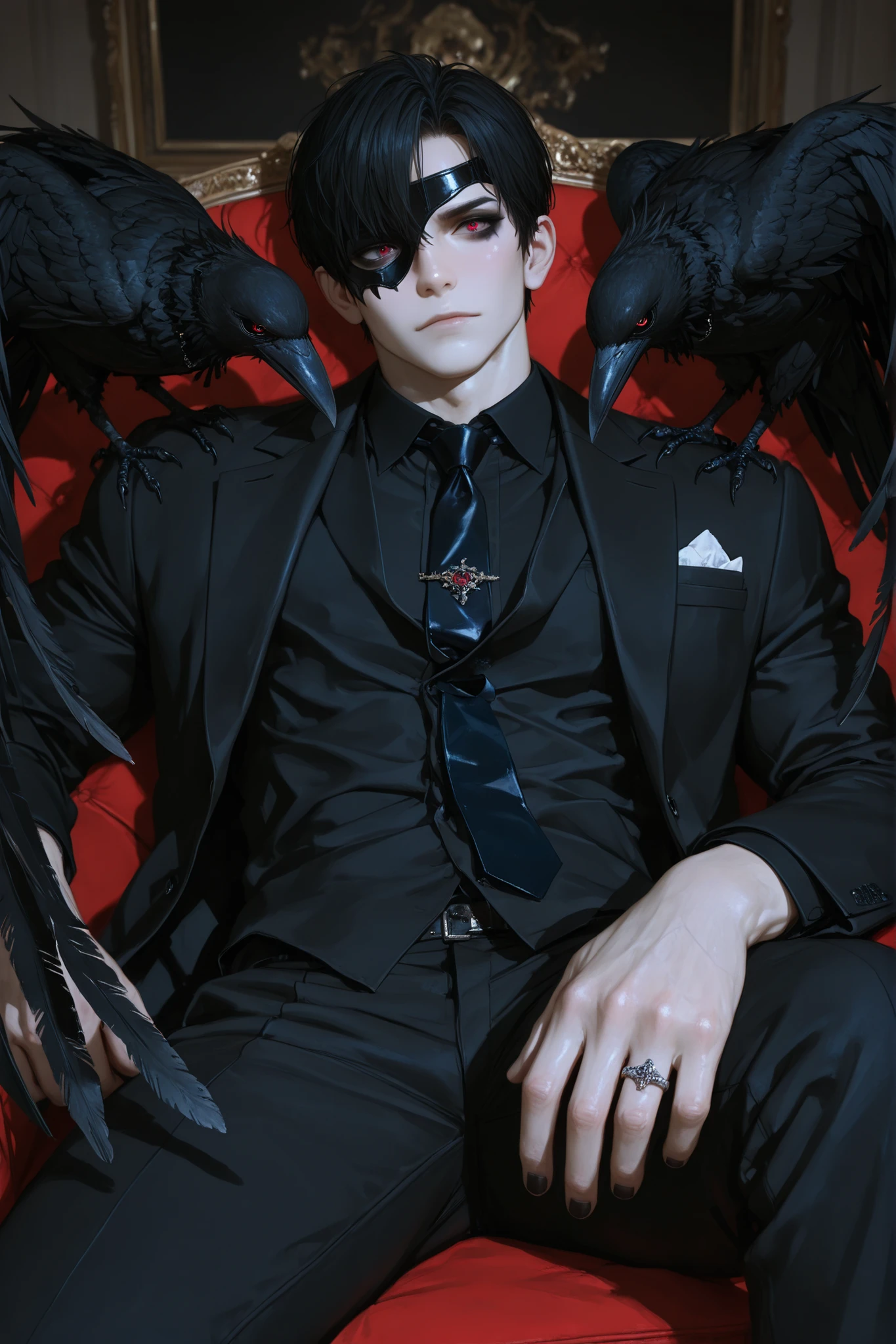 (boy character/MIDDLE AGE MAN/male bodybuilding) The crow beastman (MALE CHARACTER WITH MALE BODY TYPE). The tall mighty man broad-shouldered with masculine features. He has white skin. He has dark makeup on his face in the form of a stripe in the eye area.  He has short slicken back jet-black hair,his shortcut hair was combed back. Eerily red eyes. pointed ears with black feathers.  He has black crow wings and a black raven tail. He has black nails with one silver wedding ring on his arm. He is dressed in male three-piece black suit: jacket , vaist, black shirt, and men's tie decorated obsidian black crow feathers. He wears a carnival black raven half mask on his face. He has a stern expression full of hatred. On the background: Ball hall in art Deco style, Masquerade ball.