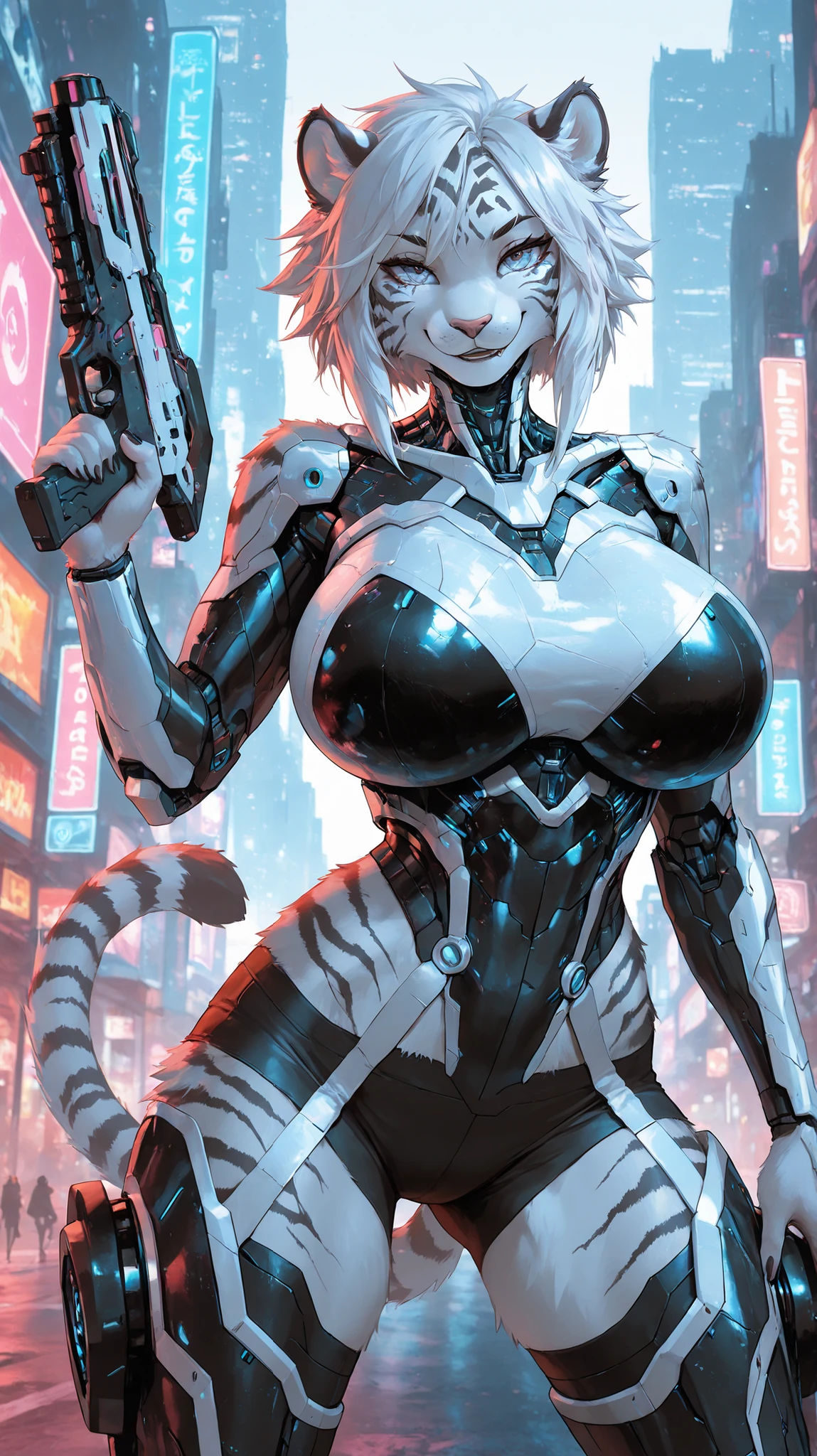 Cyberpunk city,Outdoors,On the Street,Noon,A Bionic White Tiger Female(Furry),Strong Body,Seductive smile,Huge oppai,Wearing a Pure White Bionic Armor,Spreading legs,(((Holding two Double-edged Cyber Axes))), Arm Raise, UHD, masterpiece, anatomically correct, textured skin, super detail, best quality, highres, 16k, 1080P,Cowboy shot,Upper Focus,(Look at the viewer)