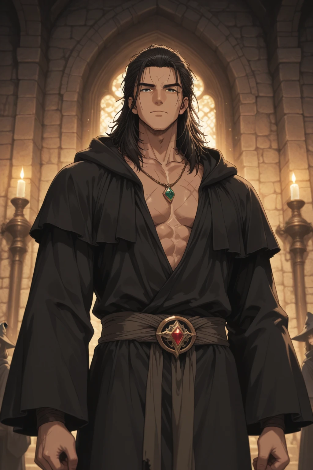 (absurdities, High resolution, ultra detailed), 1 male, adult, elegant, tall and muscular face, wide shoulders, finely detailed eyes, short black hair, Brown eyes, black cloak, wearing a hood, leather waistcoat, leather waist bag, 2 daggers on the belt, castillo, medieval atmofera, natural light and shadow, There are glowing particles flying around the man., Fantastic, mysterious, bright glow,  Sitting posture, serious expression, Cold, considered, Closed mouth, excited, bolt in the pants,