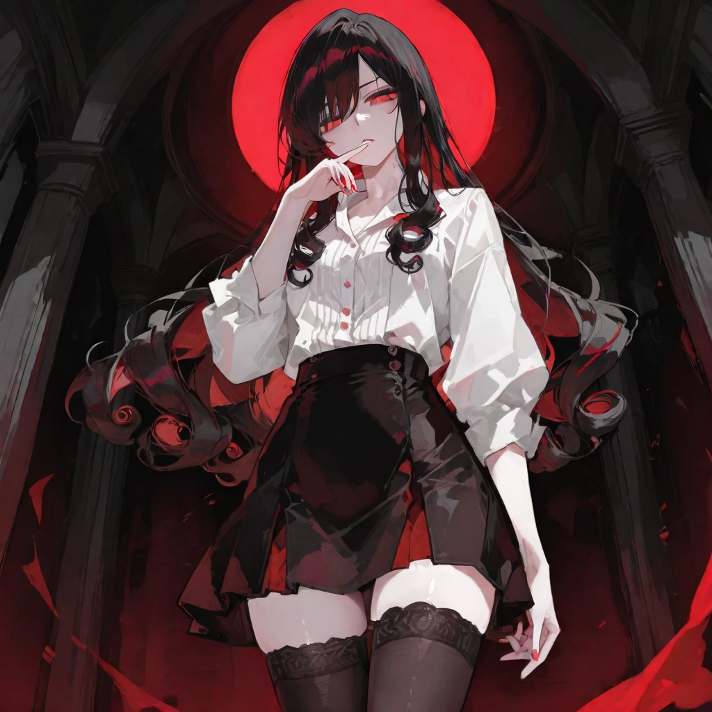 Open 、Thigh Focus、Stick out the tongue、Red and black nurse costume、Cross-eyed、Stranger、View other people、Blunt bangs、Sitting,hand between legs, Glasses, over-kneehighs,Ahegao , Silly,Sexual ecstasy,Drunken eyes,Blunt bangs, Black hair,(masutepiece:1.2, Best Quality), (finely detailed beautiful eye: 1.2), (Detailed background,Dark Fantasy), (beautifull detailed face), High contrast, (Best Illumination, extremely delicate and beautiful), ((Cinematic Light)), Colorful, Hyper Detail, Dramatic light, Intricate details,