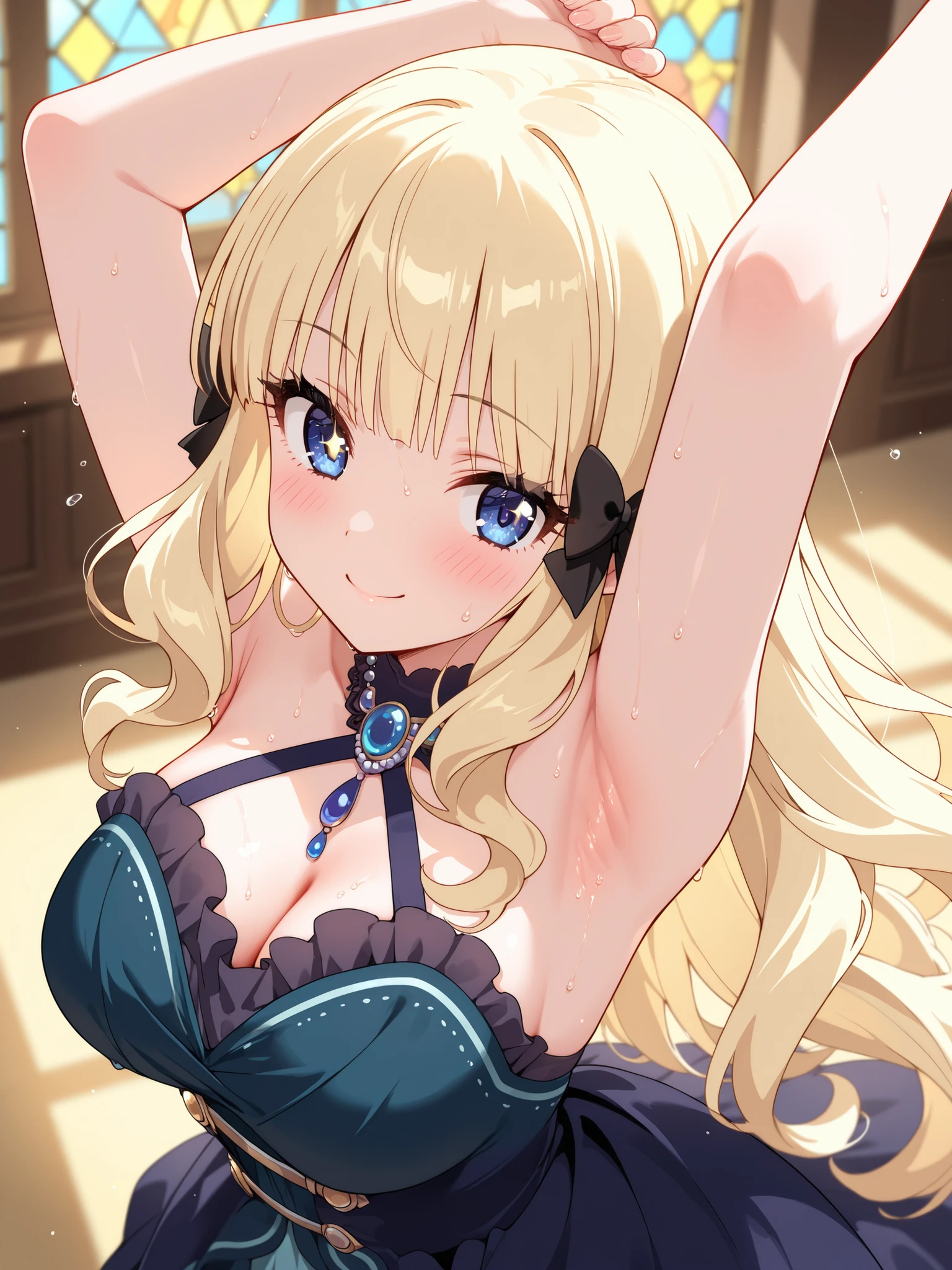 night、lovelive Watanabe You、Black Background、Hotel Bedroom、Sensual pink light、Sequin rubber suit with green lines、tall、Upper Body、adult、Long gloves、Big Breasts、Navy blue pixie cut、ID photo、Upper Body