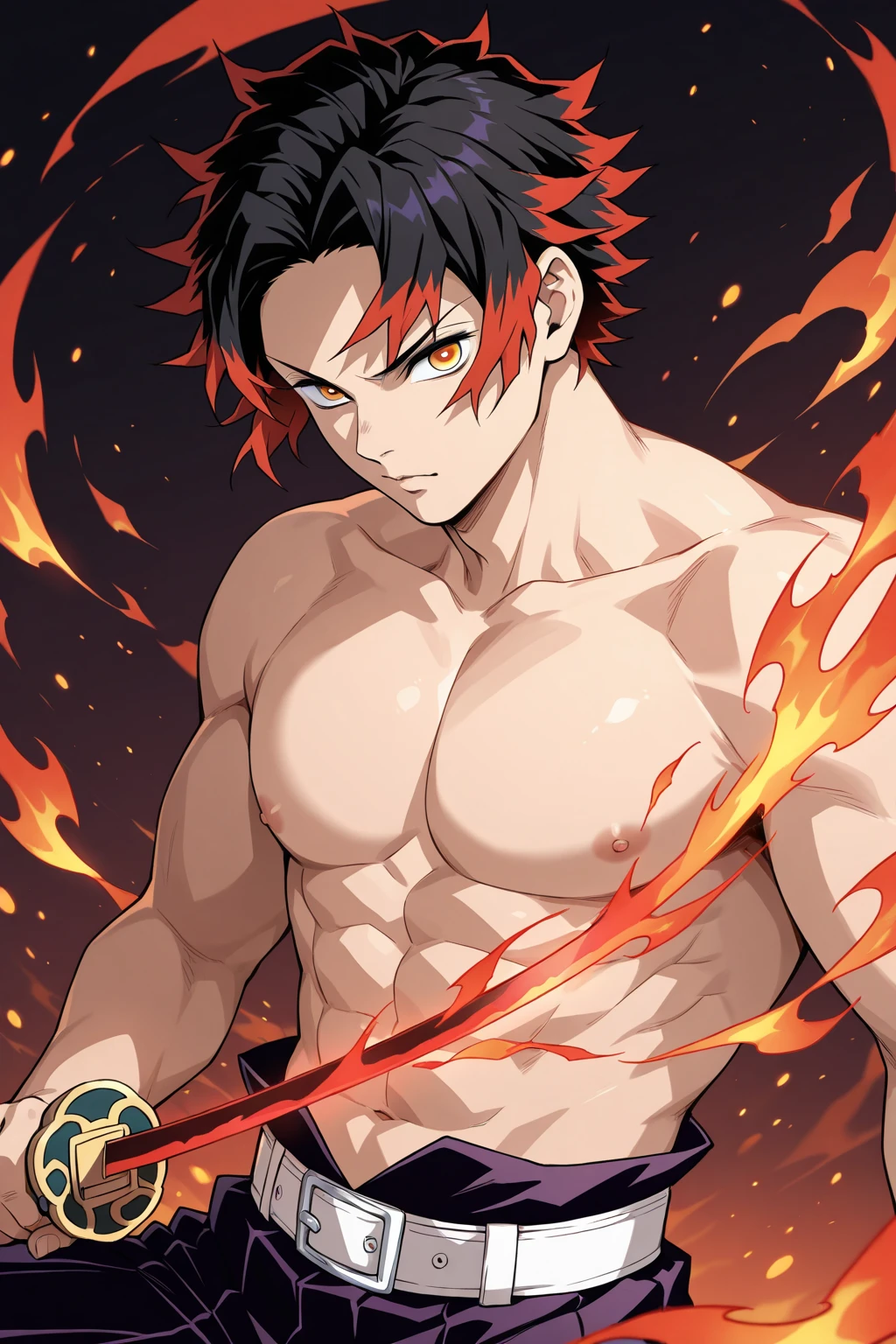Boy, muscle, without shirt, cargo pants, charging his aura , red aura, bruised , fire, 4K , Anime style, natsu dragneel, intense