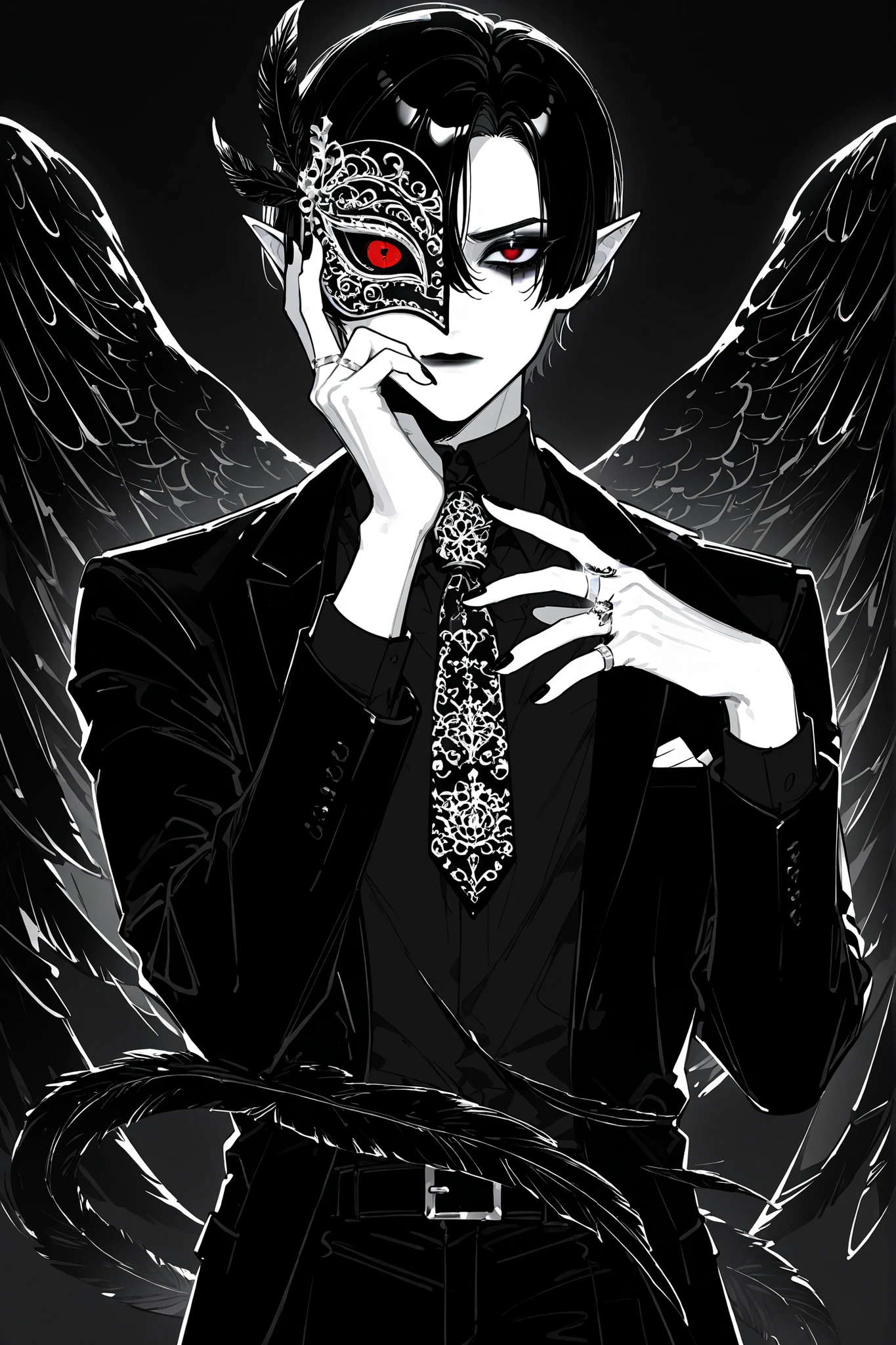 (boy character/MIDDLE AGE MAN/male bodybuilding) The crow beastman (MALE CHARACTER WITH MALE BODY TYPE). The tall mighty man broad-shouldered with masculine features. He has white skin. He has dark makeup on his face in the form of a stripe in the eye area. He has short slicken back jet-black hair,his shortcut hair was combed back. Eerily red eyes. pointed ears with black feathers. He has black crow wings and a black raven tail. He has black nails with one silver wedding ring on his arm. He is dressed in male three-piece black suit: jacket , vaist, black shirt, and men's tie decorated obsidian black crow feathers. He wears a carnival black raven half mask on his face. He has a stern expression full of hatred. On the background: Ball hall in art Deco style, Masquerade ball.