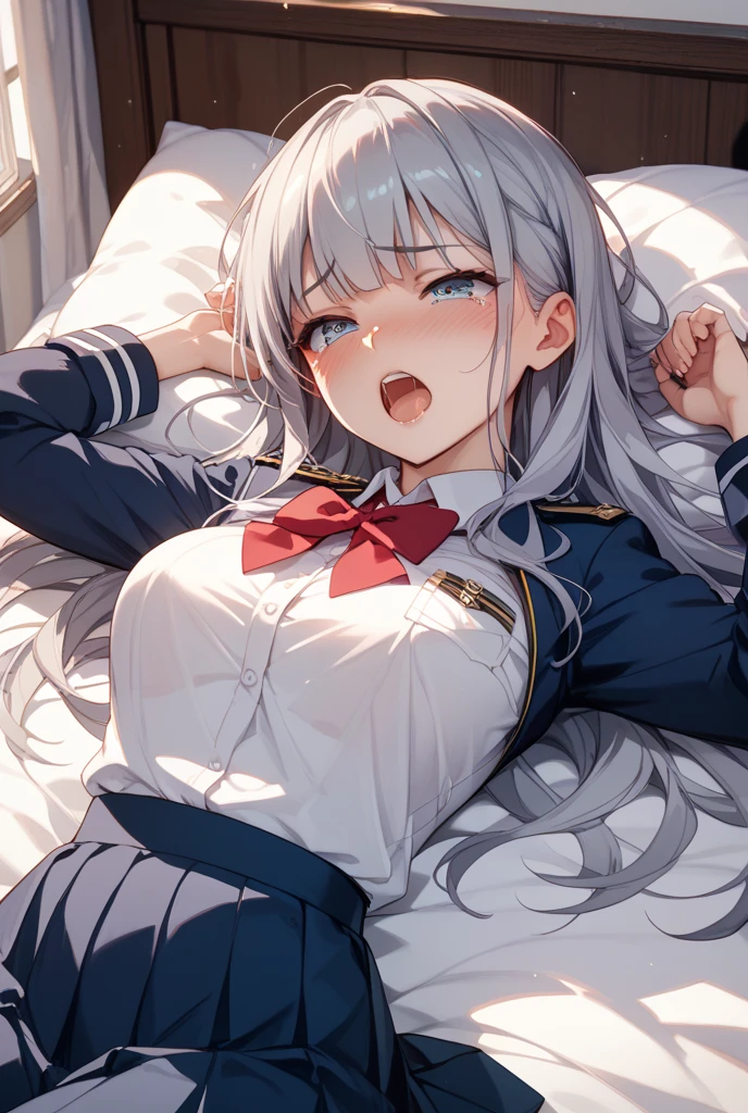 Highest quality,masterpiece,8K,1girl,((loli,big breasts,little girl:1.3)),((orgasm,blush,sleep:1.3)), sweat,mini skirt,((((lift skirt,upskirt)))),1girl, celia claire,White Capelet, mini skirt,((vagina,excessive cum,cumdrip:1.3)),thighhighs,bedroom,bed,lying,on back,arms up,pubic hair,open legs,pubic tattoo / crotch tattoo,glowing tattoo,pregnant