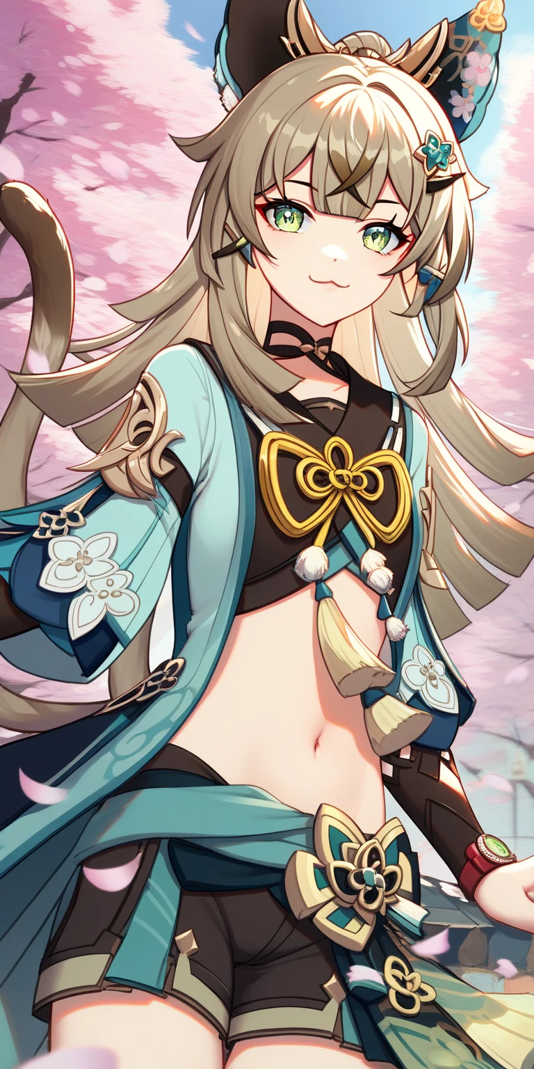 masterpiece,best quality,highres,ultra-detailed,(facing_viewer:1.1),solo,1girl,small breasts,standing,outdoors,garden,cherry blossom,trees,cowboy shot,firefly,black hairband,long hair,grey hair,jacket,orange neckerchief,thighhighs,(((no pants,underwear,panties,green panties,white_panties)))