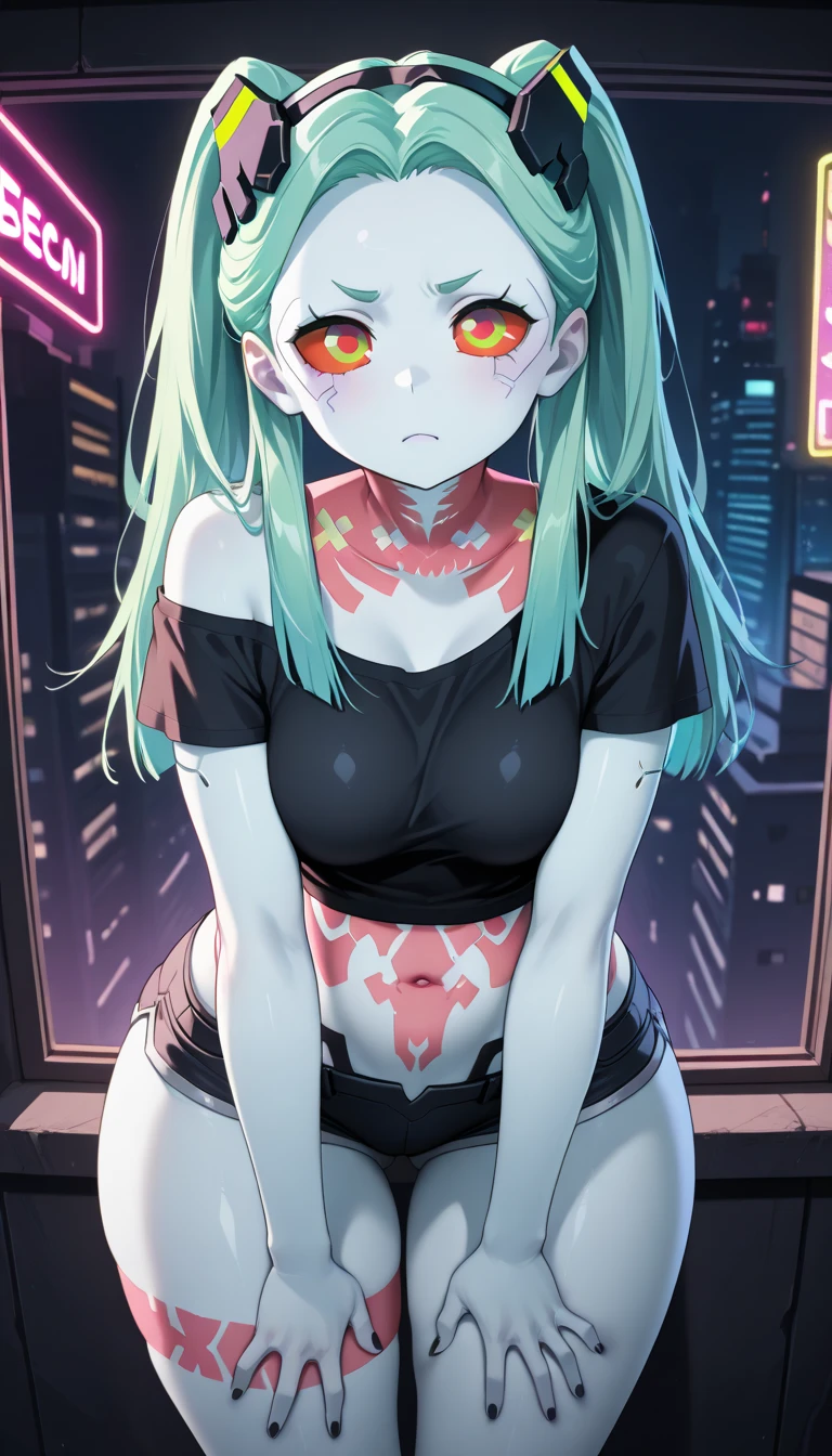 cyberpunk, rebecca, colored_skin, solo, long_hair, eye, pink neck tattoo, close-up, face, 1girl, pink tummy tattoo, black bra, <lora:Rebecca2-000020:0.7>