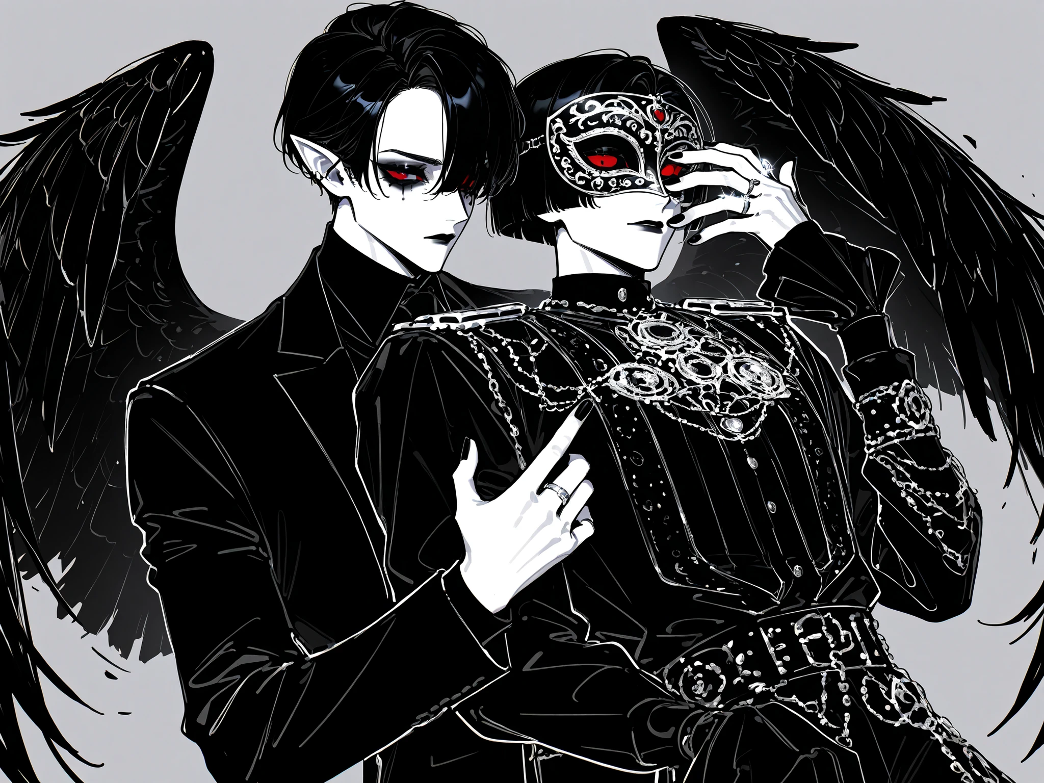 (boy character/MIDDLE AGE MAN/male bodybuilding) The crow beastman (MALE CHARACTER WITH MALE BODY TYPE). The tall mighty man broad-shouldered with masculine features. He has white skin. He has dark makeup on his face in the form of a stripe in the eye area. He has short slicken back jet-black hair,his shortcut hair was combed back. Eerily red eyes. pointed ears with black feathers. He has black crow wings and a black raven tail. He has black nails with one silver wedding ring on his arm. He is dressed in male three-piece black suit: jacket , vaist, black shirt, and men's tie decorated obsidian black crow feathers. He wears a carnival black raven half mask on his face. He has a stern expression full of hatred. On the background: Ball hall in art Deco style, Masquerade ball.