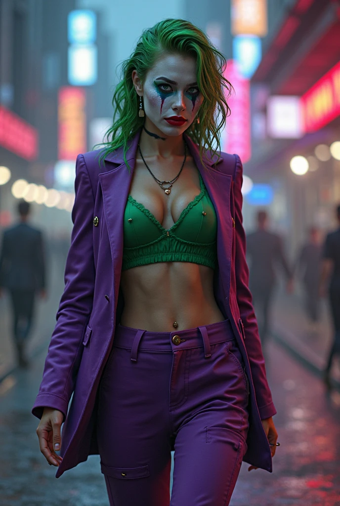 {
"prompt": "A faithful female version of the iconic Joker from DC Comics, reimagined with a seductive yet psychotic allure. She has pale white skin and wild, vibrant green hair styled in messy, chaotic curls. Her makeup is heavy and smeared, inspired by Heath Ledger’s Joker, with dark, hollow eyes surrounded by smudged black makeup, and a blood-red, twisted smile that extends unevenly beyond the corners of her mouth, creating a chilling, yet irresistible, grin. She wears a tailored purple suit jacket with a green vest and matching tie, left open to reveal her toned, alluring physique, paired with a revealing purple bikini bottom. Her posture exudes a dangerous confidence, combining her twisted mind with a seductive charm that makes her both terrifying and impossible to resist, using her beauty as a weapon to lure her prey.",
"size": "1024x1792"
}