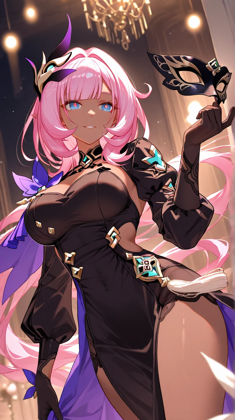 female, silver messy long hair, red eyes, tanned skin, (((1girl))), (((black sleeveless regal dress with pink trim))), (black opera gloves), (pink stockings), (black knee high heeled boots), (gold ornate crown), cute and sexy, full body, big breasts, long legs, smiling, cleavage