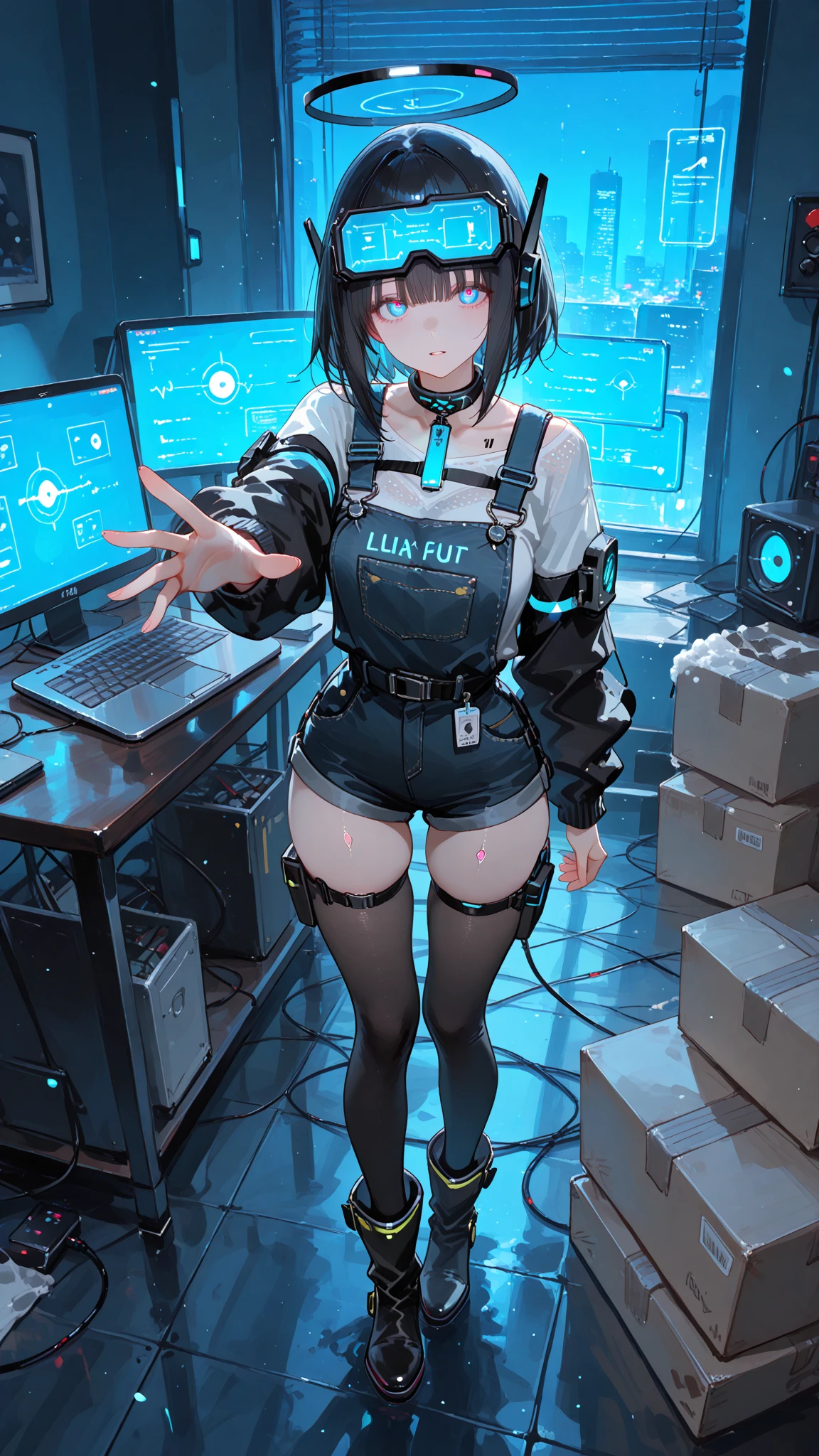 Girl short blue hair, outfit with blue combined with black, bright blue eyes