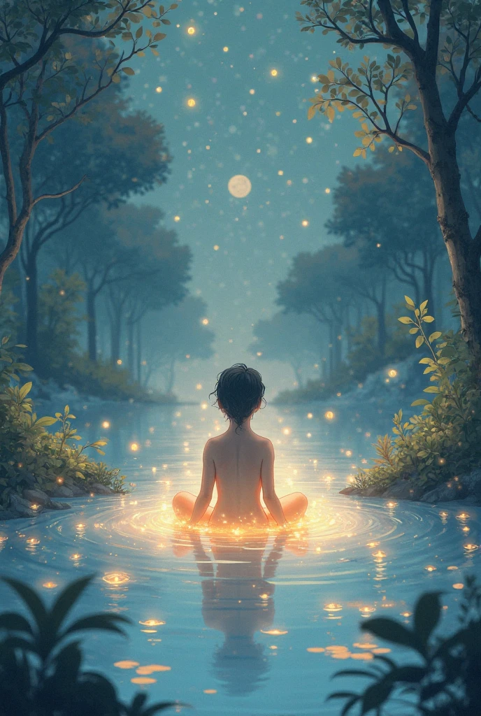 A child with a mysterious atmosphere, Cross-legged in the center,