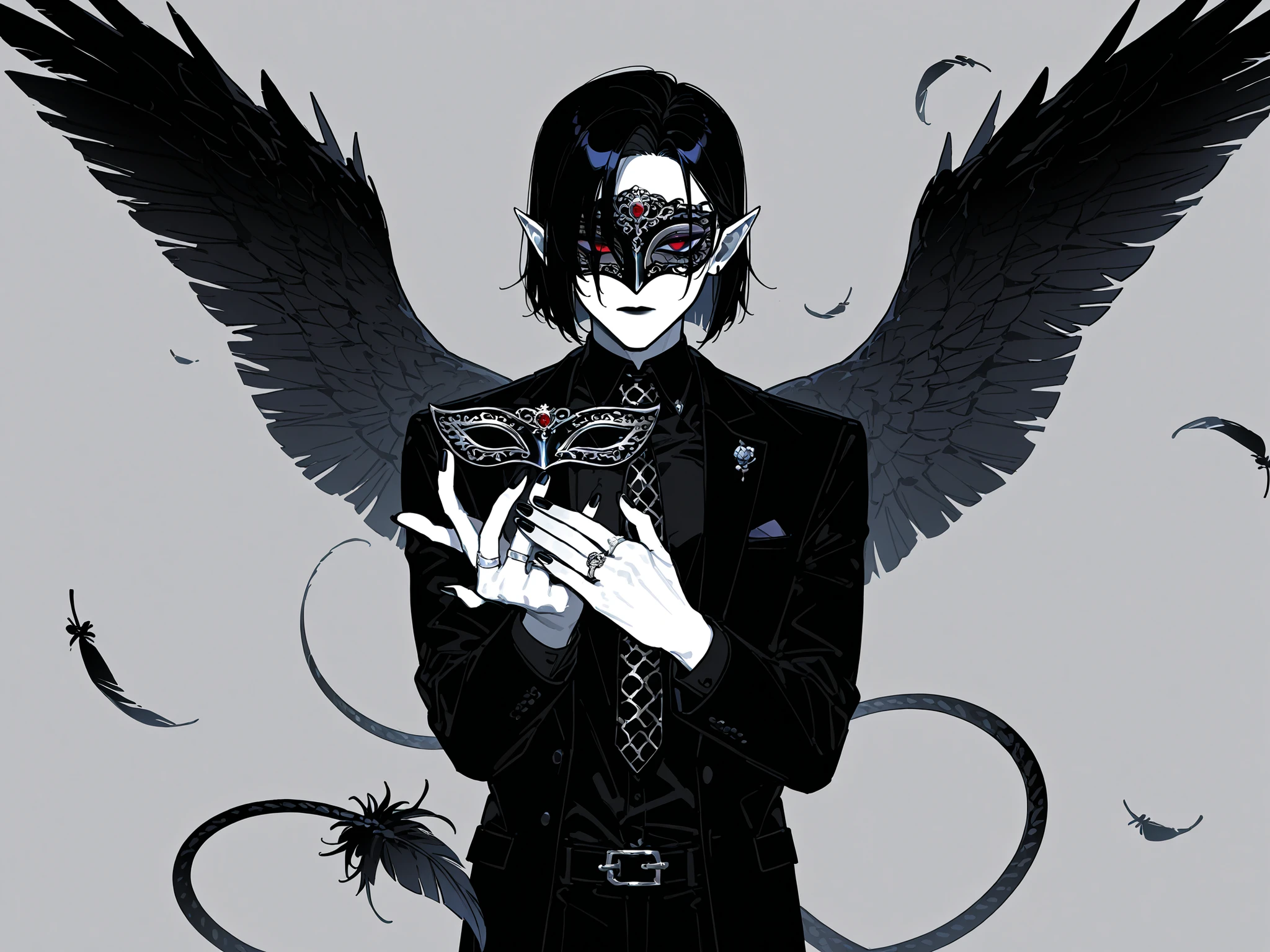 (boy character/MIDDLE AGE MAN/male bodybuilding) The crow beastman (MALE CHARACTER WITH MALE BODY TYPE). The tall mighty man broad-shouldered with masculine features. He has white skin. He has dark makeup on his face in the form of a stripe in the eye area. He has short slicken back jet-black hair,his shortcut hair was combed back. Eerily red eyes. pointed ears with black feathers. He has black crow wings and a black raven tail. He has black nails with one silver wedding ring on his arm. He is dressed in male three-piece black suit: jacket , vaist, black shirt, and men's tie decorated obsidian black crow feathers. He wears a carnival black raven half mask on his face. He has a stern expression full of hatred. On the background: Ball hall in art Deco style, Masquerade ball.