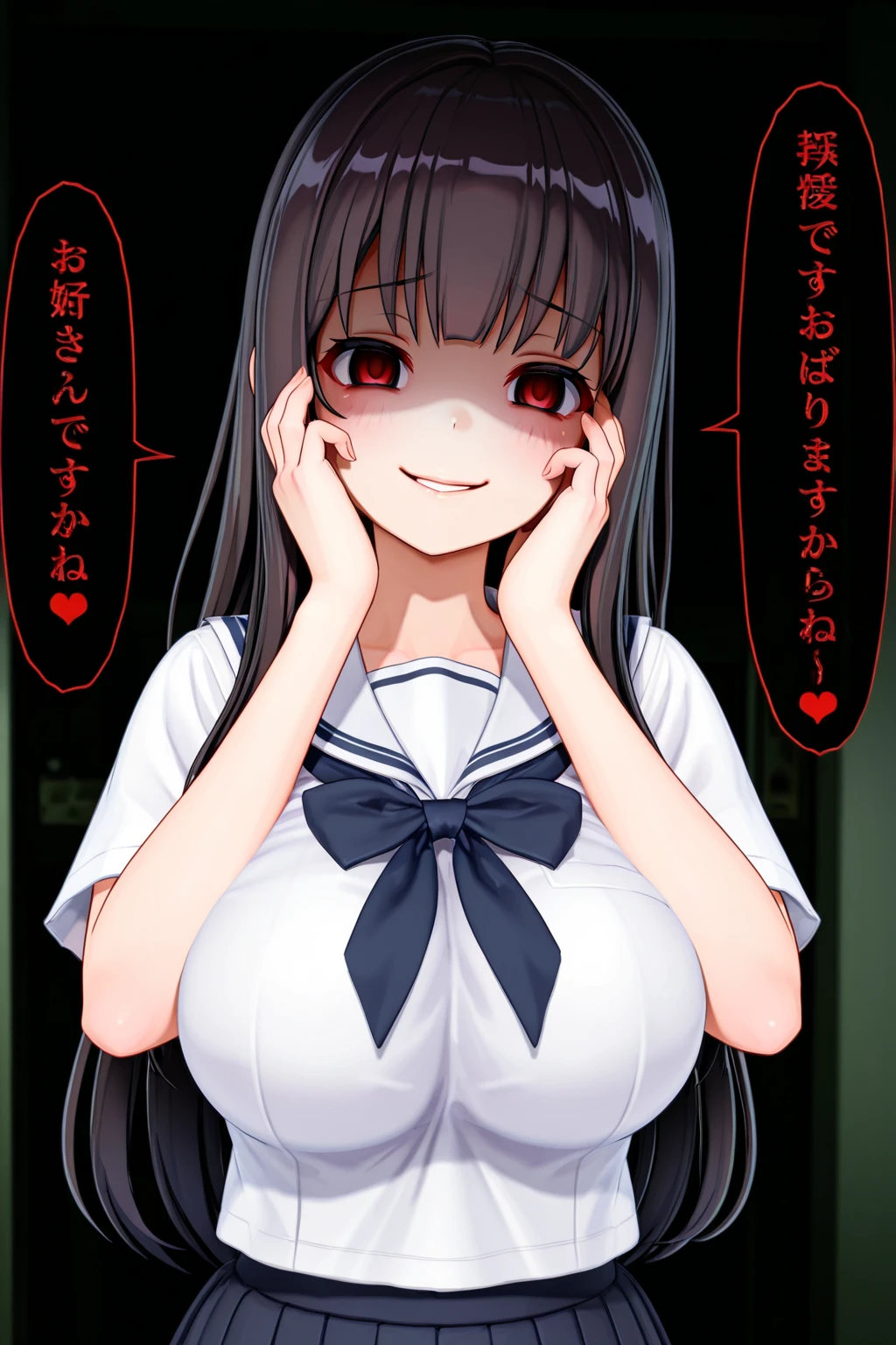 masterpiece, best quality, 1girl, (looking at viewer), blush, pale skin, (long dark brown hair), wet hair, choker, constricted pupils, (crazy eyes), (crazy smile:0.9), (grinning:0.9), (red eyes), heavy breathing, steam, eyeliner, eyelashes, (against glass), (window), (wet window), (hand on glass:1.2), (5 fingers), perfect hands, wet clothes, wet school uniform, red ribbon, breast on glass, raining, night, storm, heavy rain, rain drops, (creepy:0.5), (horror \(theme\):0.7), (night cloudy sky), (dark city background), yandere, (wet:1.2), <lora:Trapped in Phone:0.7>