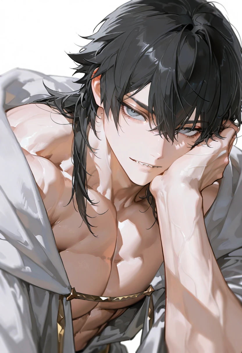 (shirtless), (front view), full of scars, anime, handsome, young adult male, (empty face expression, hurt with bruises, pitiful), white medium messy hair, bangs between eyes, silver eyes, baggy dark circles under eyes, sleepless, pale skin, zoom out view, night, night dynamic lighting