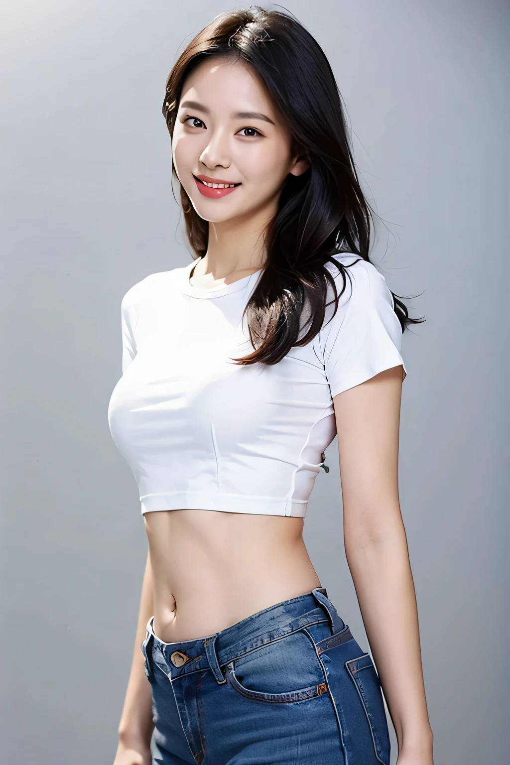 ((best quality)), ((masterpiece)), (detailed), perfect face, perfect body, young girl, 18 years old, smile, standing pose like a model photography, transparent, jeans
