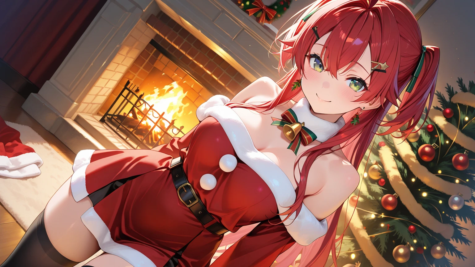 best quality, masterpiece, scarf, neck ribbon,, (( styaing)), gift box, looking to viewer, focus on face, (shot from above), christmas tree on background, (christmas atmosphere), intricate angle, detailed, intricate, long hair, red eyes, red hair, santa hat, santa dress, woman, sexy woman, seductive smile,