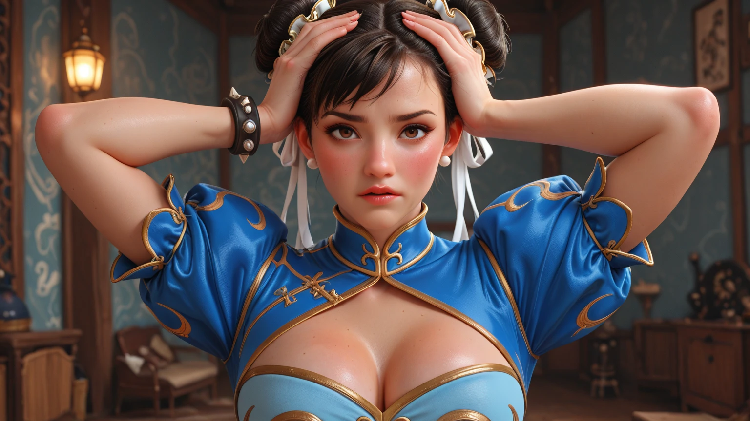 (best quality,ultra-detalhado),(Realistic:1.37), "Chun Li", Rosto bonito e detalhado, maquiagem preta nos olhos, expression serious, textura ultra realista, rosto delicado, Fit physique, usando batom e brilho labial