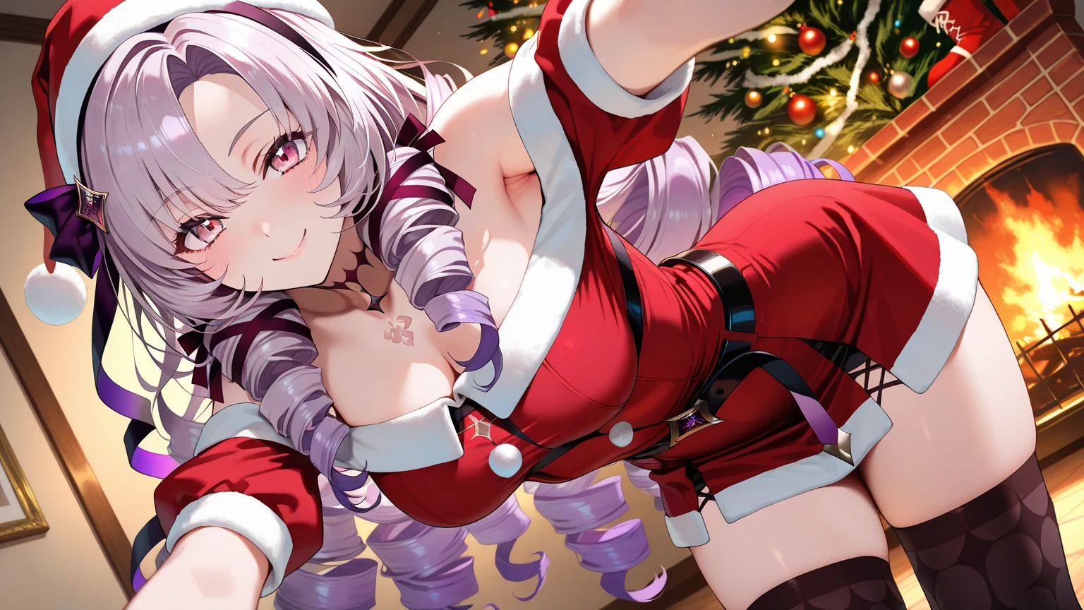 1 girl, Long silver hair, red eyes with slit pupils, large full breasts, (Santa Claus costume and red mini dress:1.4), Cleavage visible, String Hair Ribbon, Lying in a bed, Bedroom, (light_Smile:1.5),