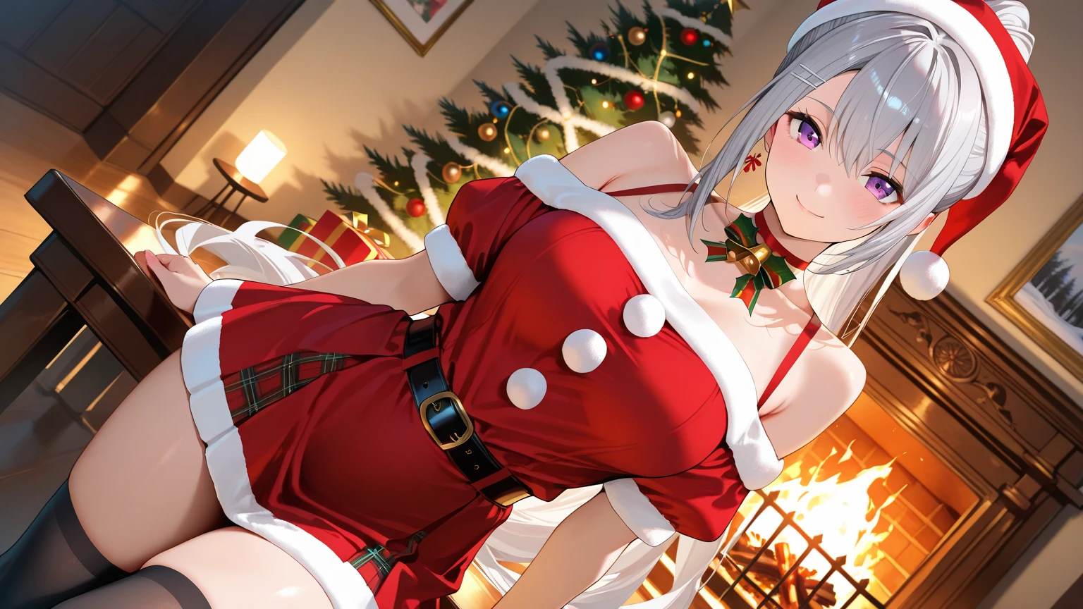 freyri, 1girl, solo, dark skin, hair bow, scarf, santa costume, belt, miniskirt, santa boots, christmas tree, cleavage, christmas, sitting, smile, crop top, looking at viewer, red skirt, strapless, fur-trimmed skirt, hand between legs, between legs, swept bangs, fur trim, bare arms, closed mouth, red footwear, bare shoulders, midriff, belt buckle, red ribbon, gift box, huge breasts,  <lora:freyri_V3-14:0.7>