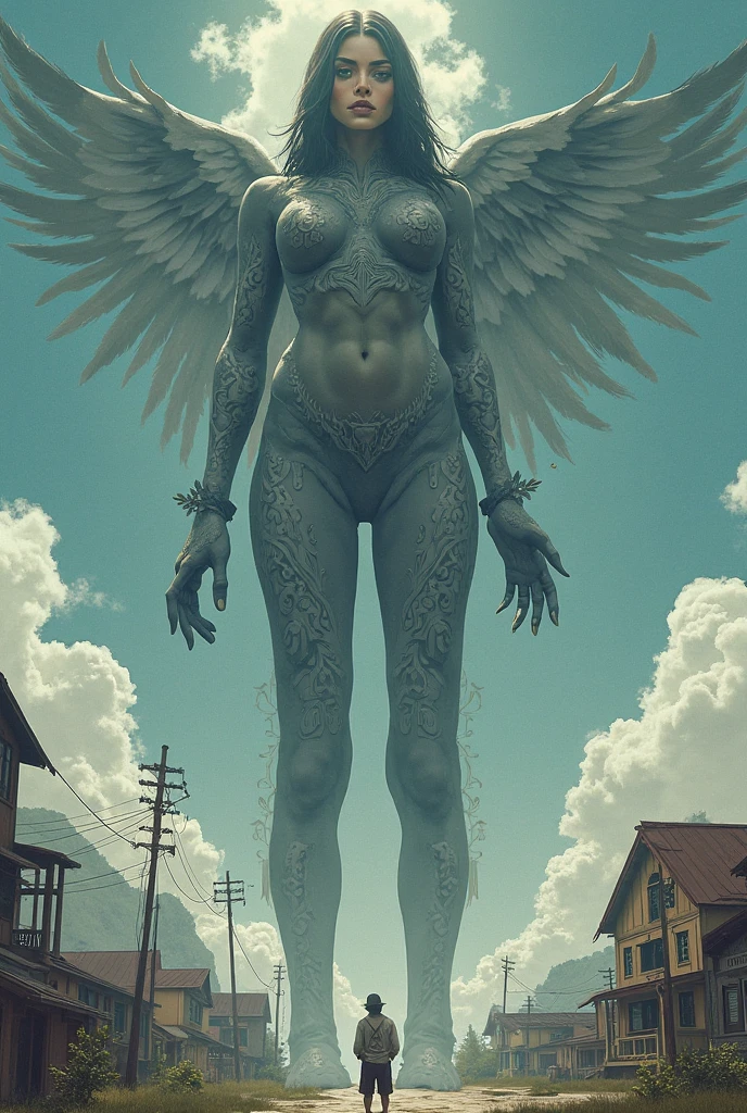 Lamia, long white hair, halo, big angel wings, gigantic muscle, erect penis, big breasts, 4 arms, full body.