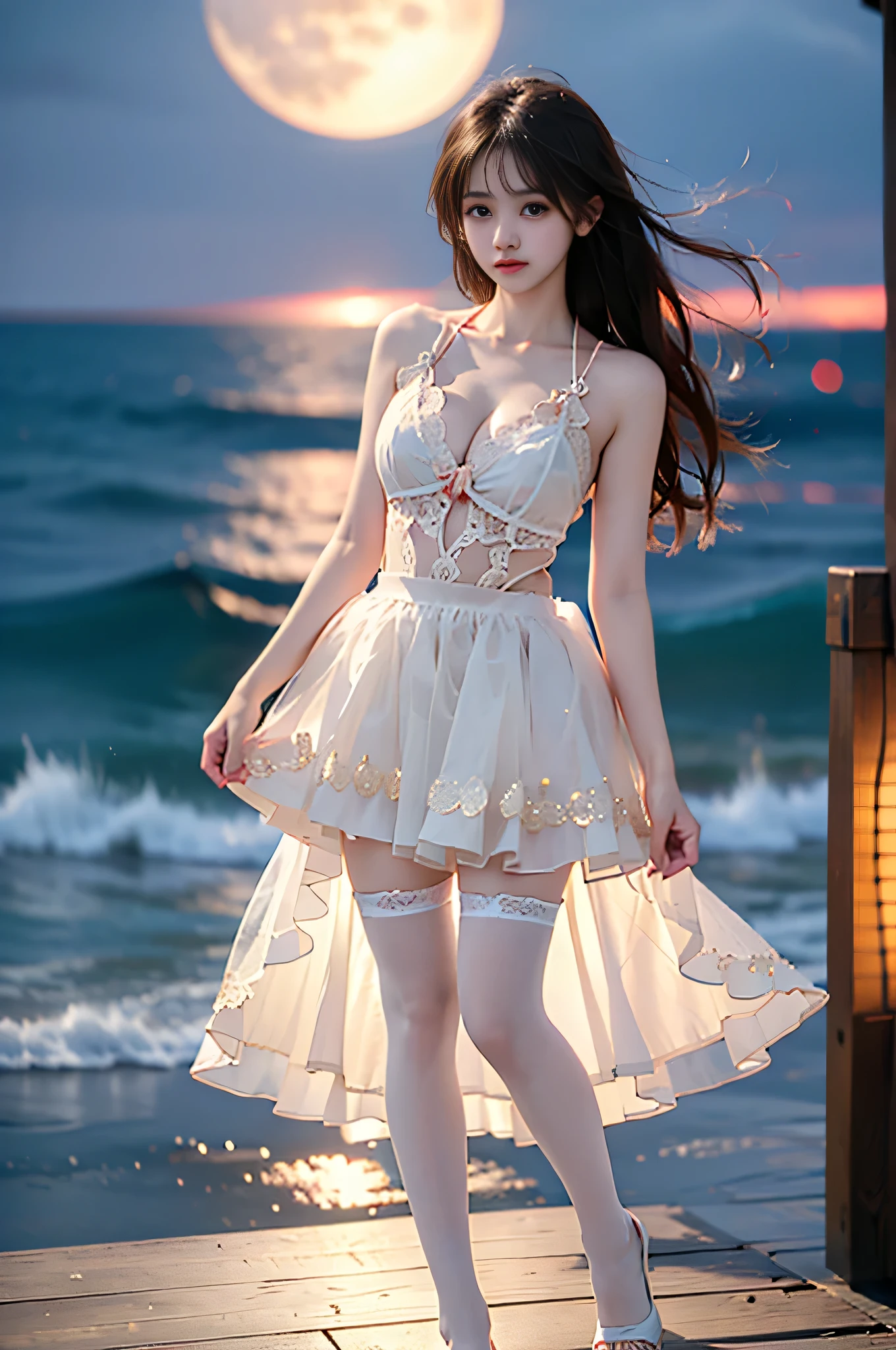 Full body photo of a young girl,Two-dimensional comic book style,The atmosphere is even more ambiguous,On the sandy beach,Her  are huge,Raised  ,The waist is very thin,The legs are long,Wear miniskirts and heels,Wear black stockings to the base of your thighs, Expose shoulders and waist,Spread your legs ,Pornographic,Look seductively at the camera,Unbearable,Thirsty,in heat,ssmile,4k高清,Masterpiece,Best Picture Quality,realisticlying,high qulity