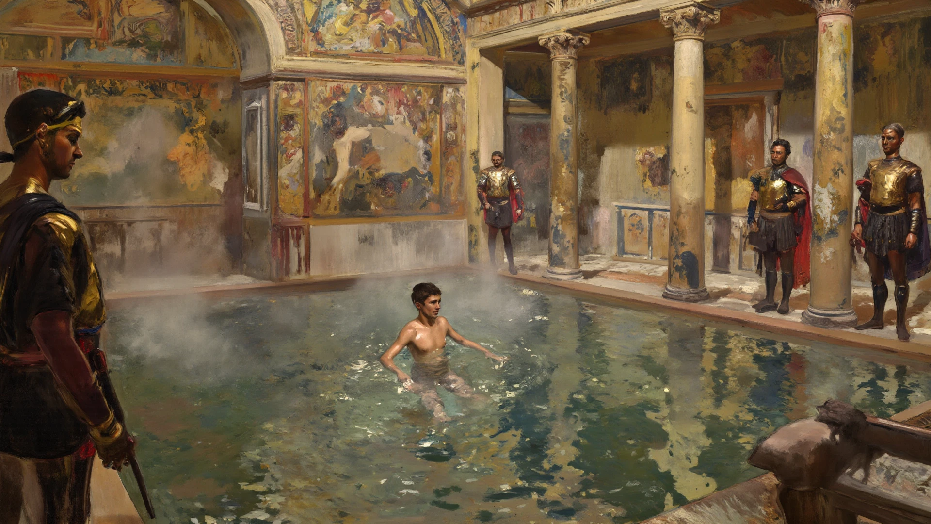oil painting, baroque style, ((ten attractive men, roman guys inside the thermal pool house)), kissing, orgy, mythology, chilling, Romance, perfect composition, abs, chest, bacchanal, smooth skin, , slim face, handsome, slim waist, handsome face, full body centered, classic painting, neoclassic, fine art, masterpiece, Oil painting on canvas, , beautiful painting by Alexandre Cabanel and Daniel F Gerhartz, centered, perfect composition, rich drapes ornate setting background