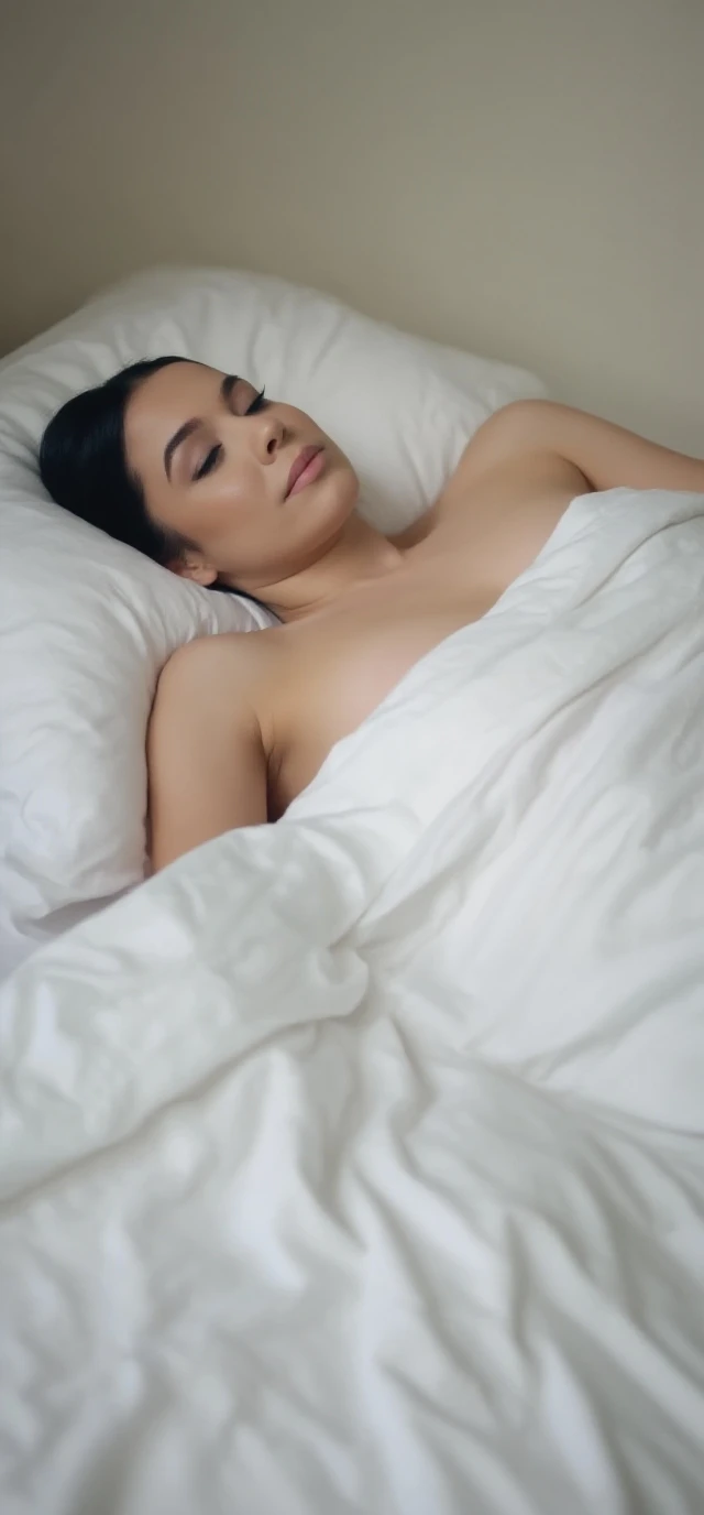 classy 30 years old bettie page, curly black hair (middle lenght), lying front face on the bed in a hotel, with a man , having sex between the legs, eyes closed, white cloth gloves, the photo is from above